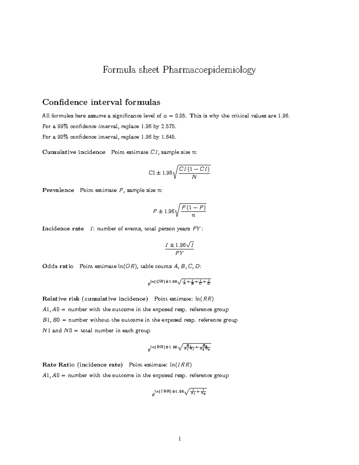 Pharmacoepidemiology Formula Sheet: Key Confidence Interval Formulas ...