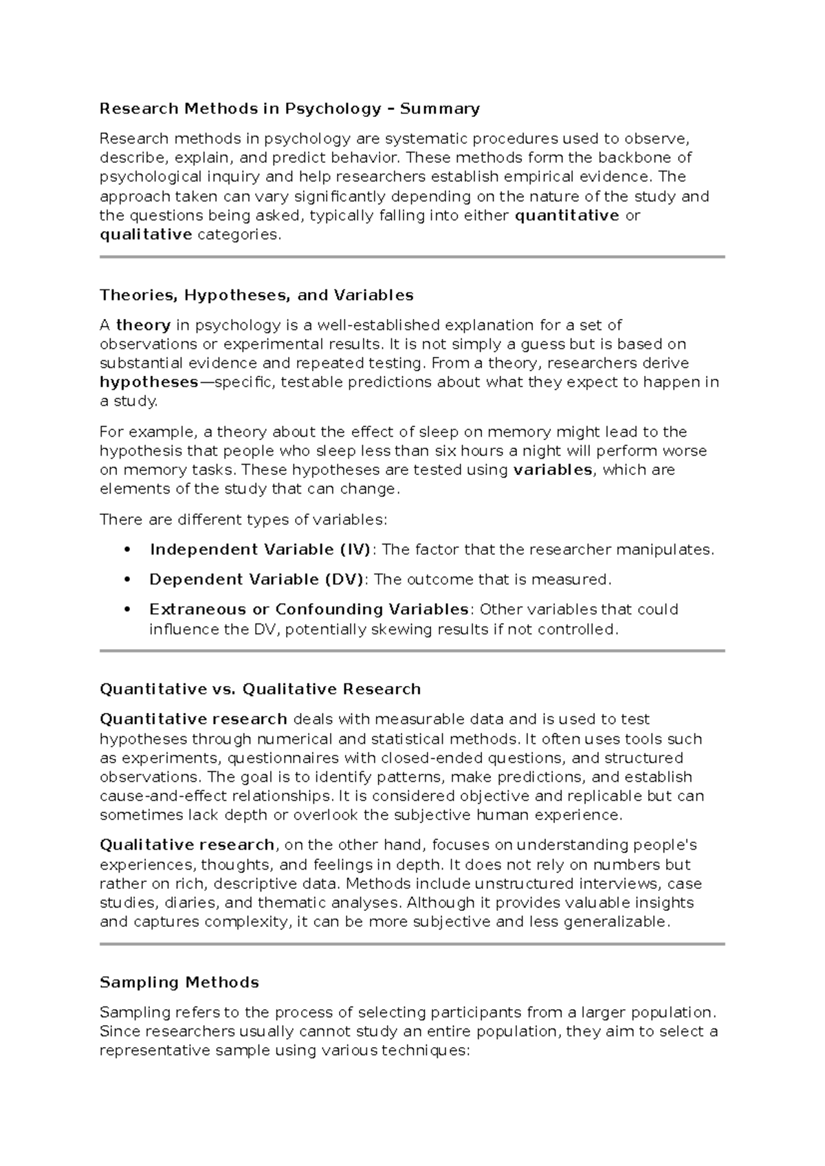 PSY 101: Summary of Research Methods in Psychology and Their ...