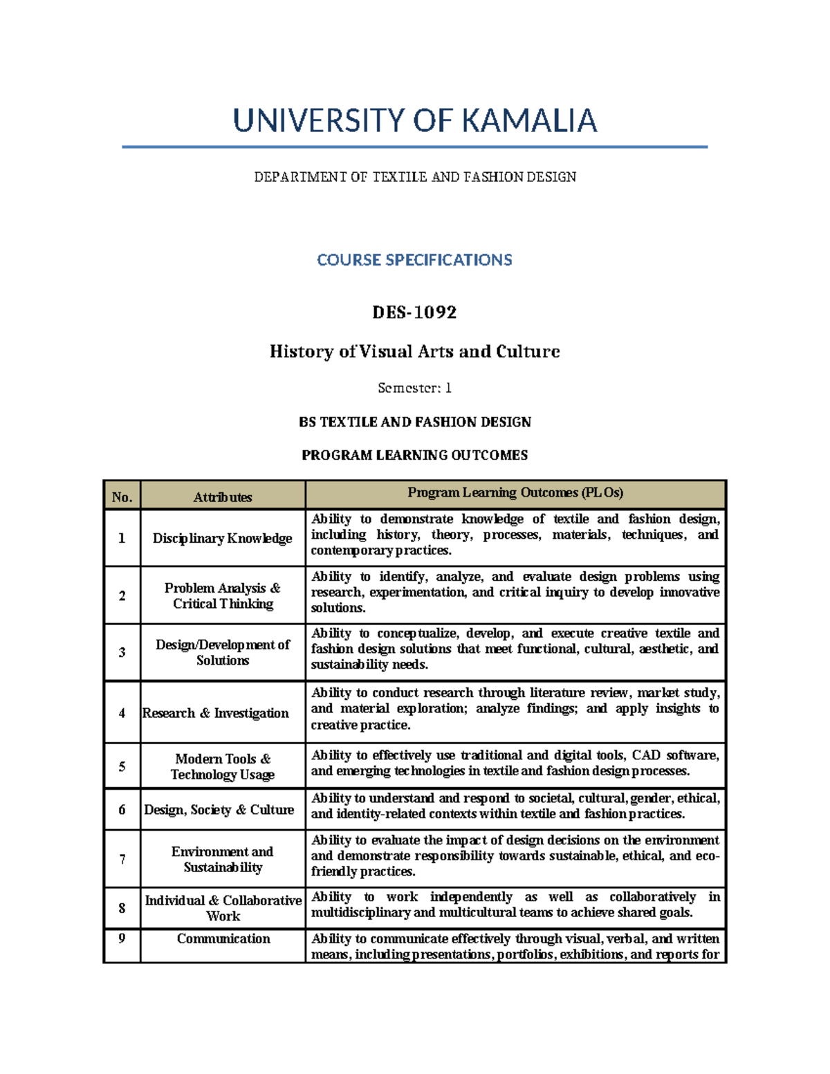 DES-1092 History of Visual Art and Culture Course Specifications - Studocu
