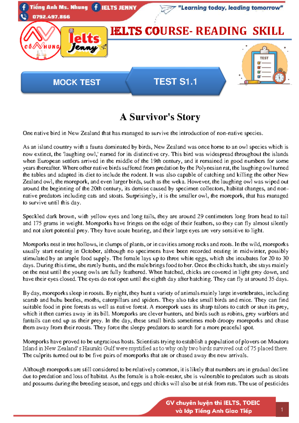 IELTS READING MOCK TEST S1.1: The Morepork and Laughing Owl - Studocu
