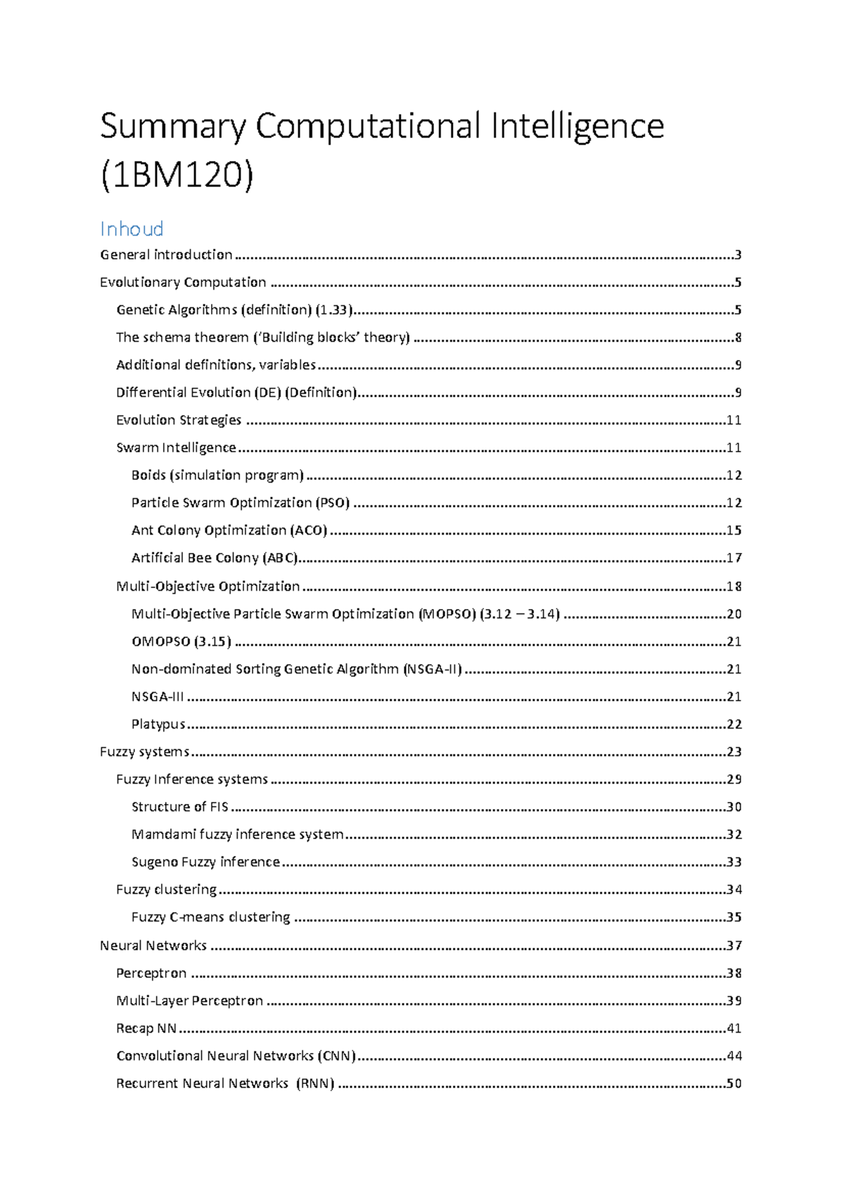Summary of Computational Intelligence (1BM120) - Key Concepts & Methods ...