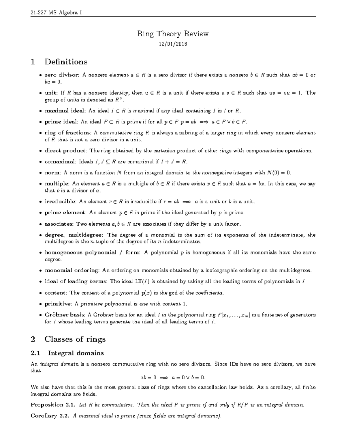 MS Algebra I - Summary of Key Concepts in Ring Theory - Studocu