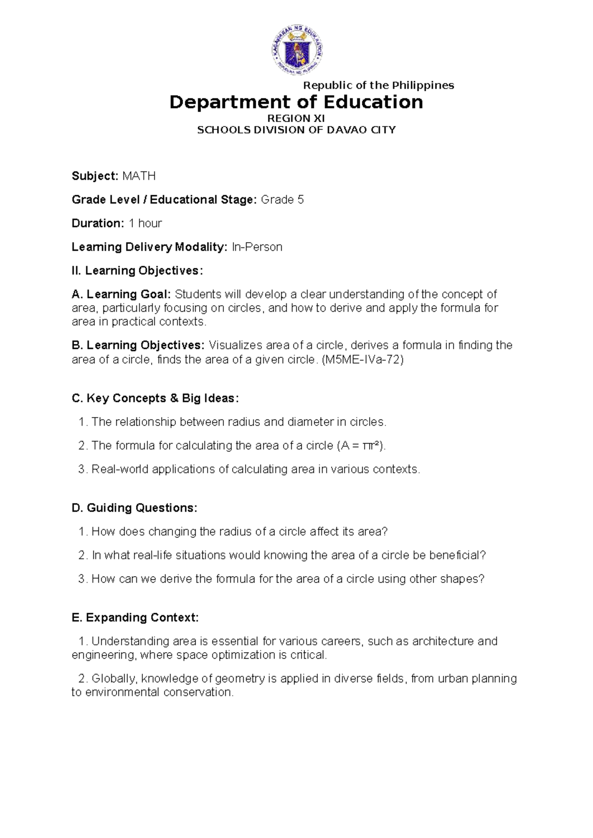 MATH 5 Lesson Plan: Understanding Area of Circles and Applications ...