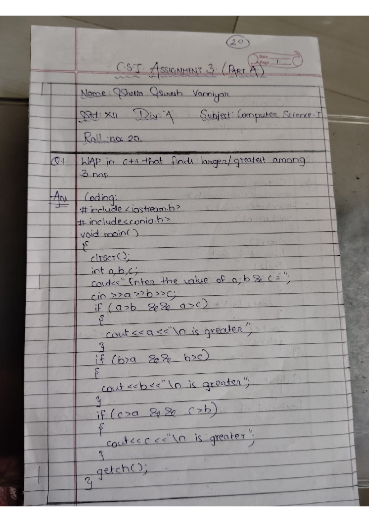 CS-1 3A - It contains programs - 20 Date Page 1. C.S ASSIGNMENT 3 ...