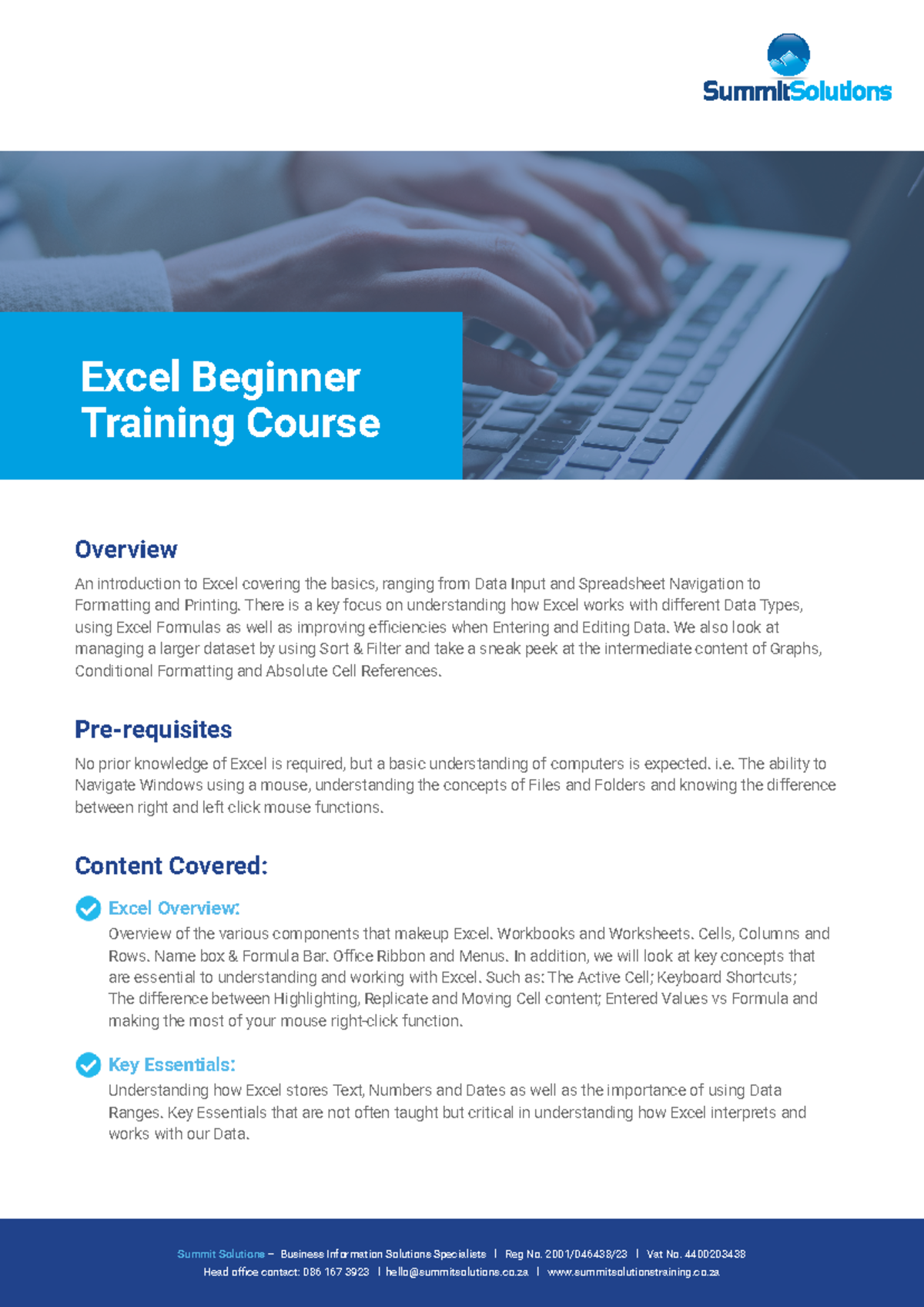 Summit Solutions Excel Beginner Outline - Overview An introduction to ...