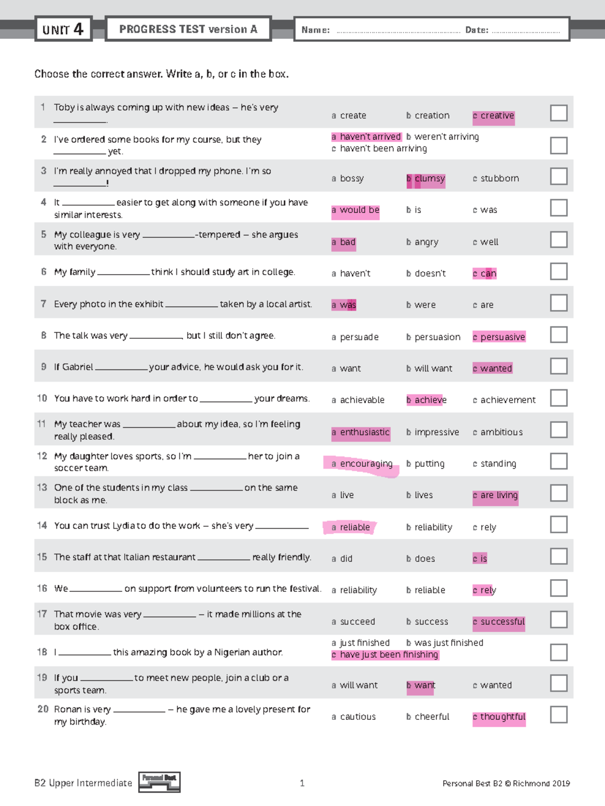 PB Am E B2 Unit Test U4 Progress Test Version A - Studocu