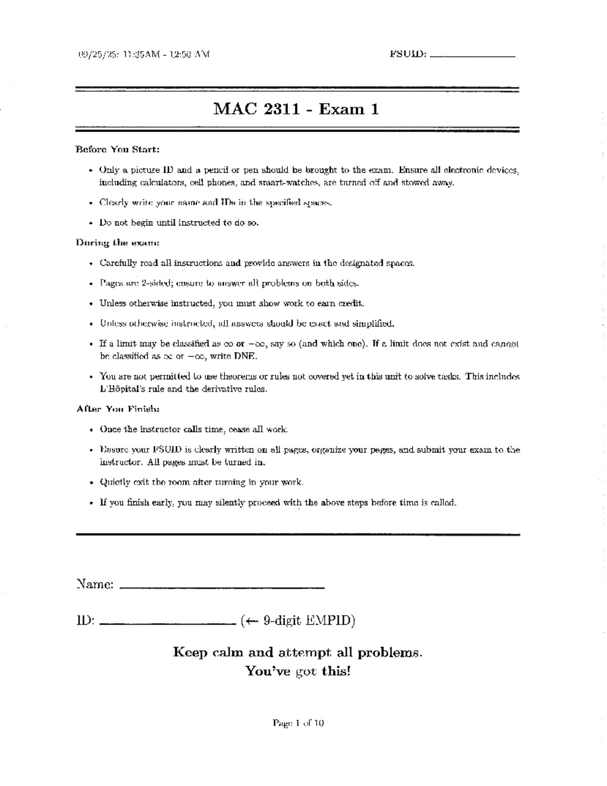 MAC 2311 - Exam 1 Instructions and Problems - Studocu