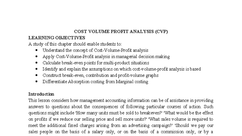 COST VOLUME PROFIT (CVP) ANALYSIS: KEY CONCEPTS & APPLICATIONS - Studocu
