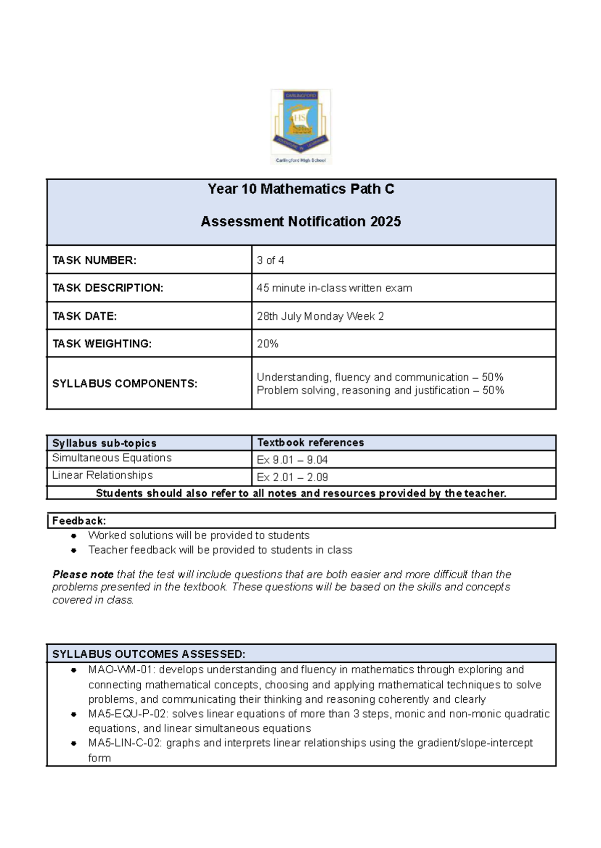 Year 10 Mathematics Path C AT3 Exam Notification 2025 - Studocu