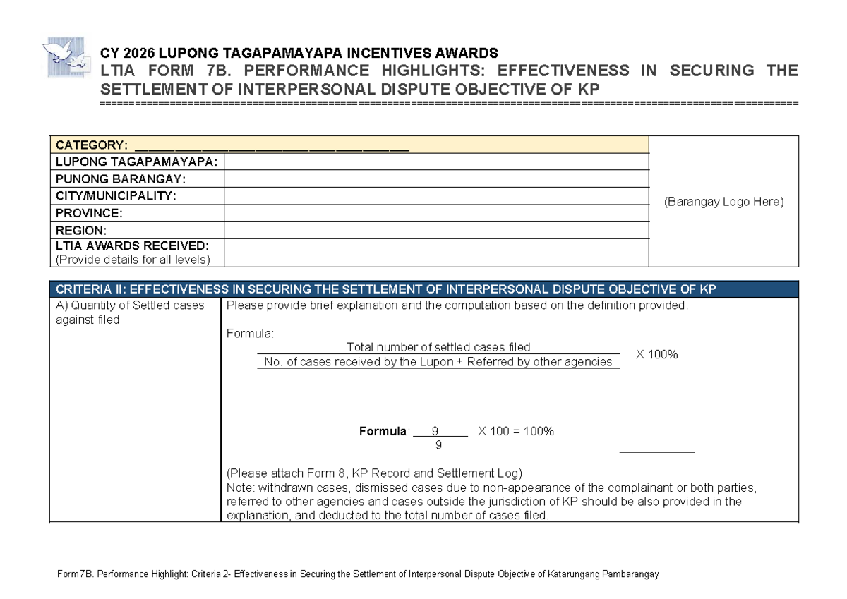 CY 2026 Form 7B: Performance Highlights on Interpersonal Dispute ...