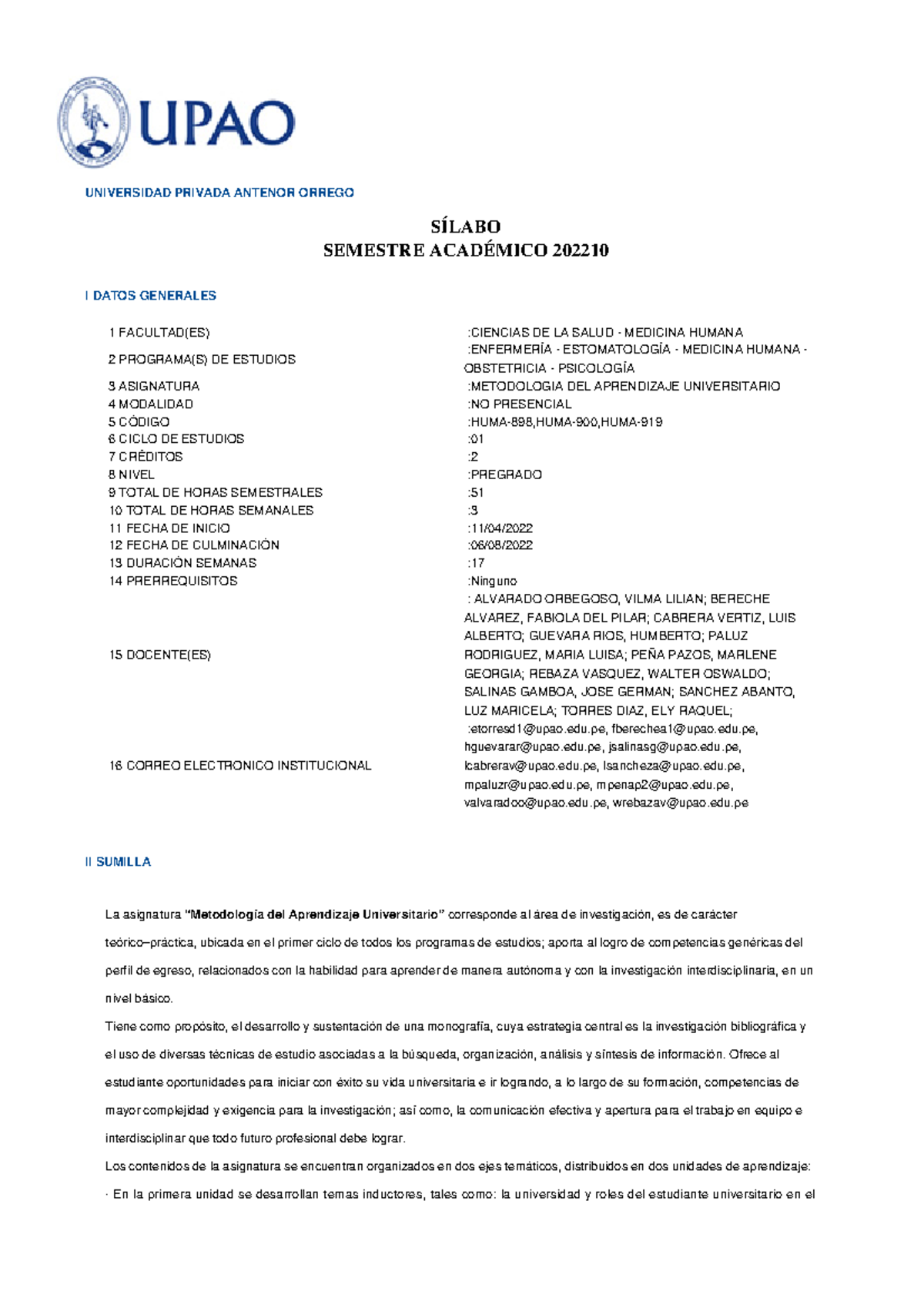 Sílabo HUMA-898: Metodología del Aprendizaje Universitario 202210 - Document Preview
