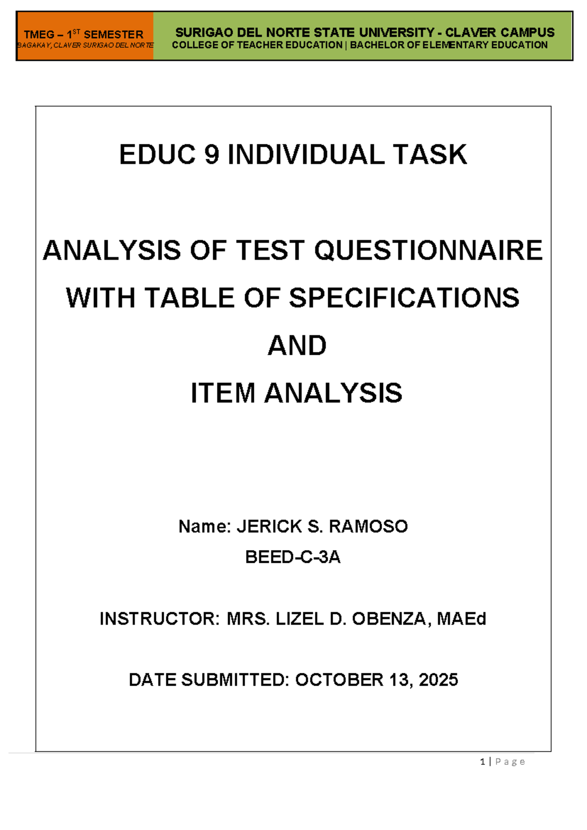 TMEG 1ST SEMESTER EDUC 9: Analysis of Test Questionnaire & Item ...