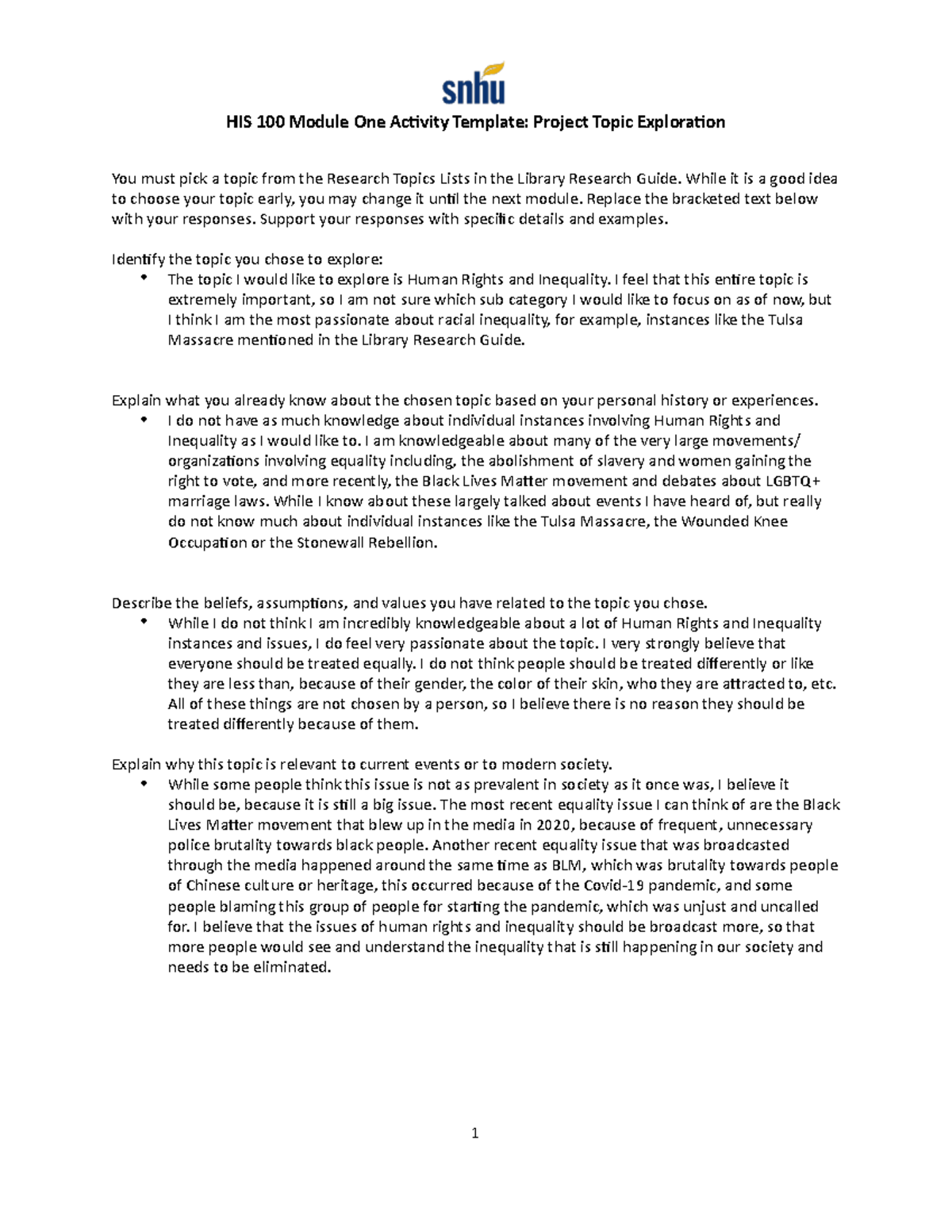 HIS 100 Module 1 Activity: Exploring Human Rights & Inequality - Studocu