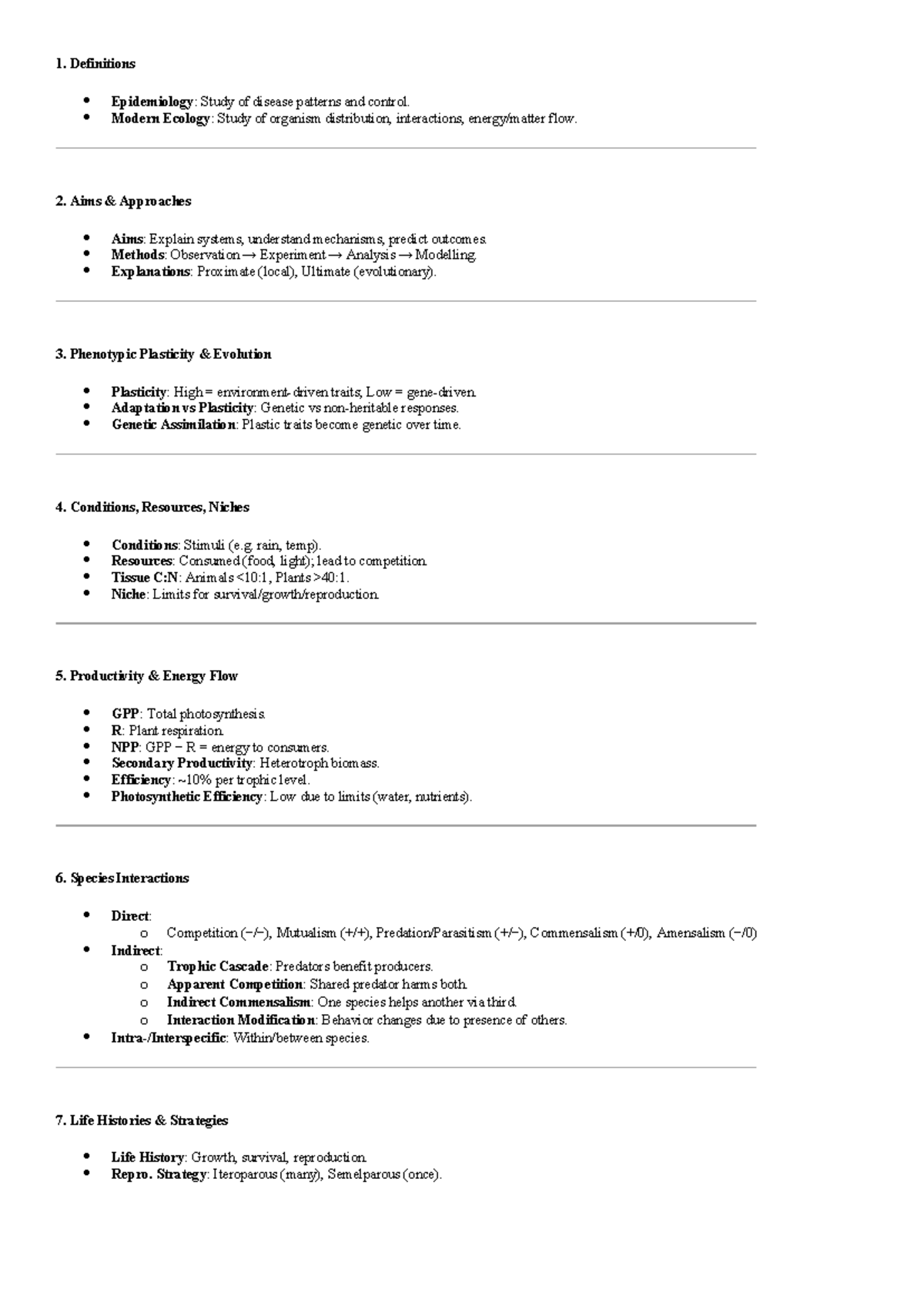 Ecology Sheet: Key Concepts in Epidemiology and Modern Ecology - Studocu