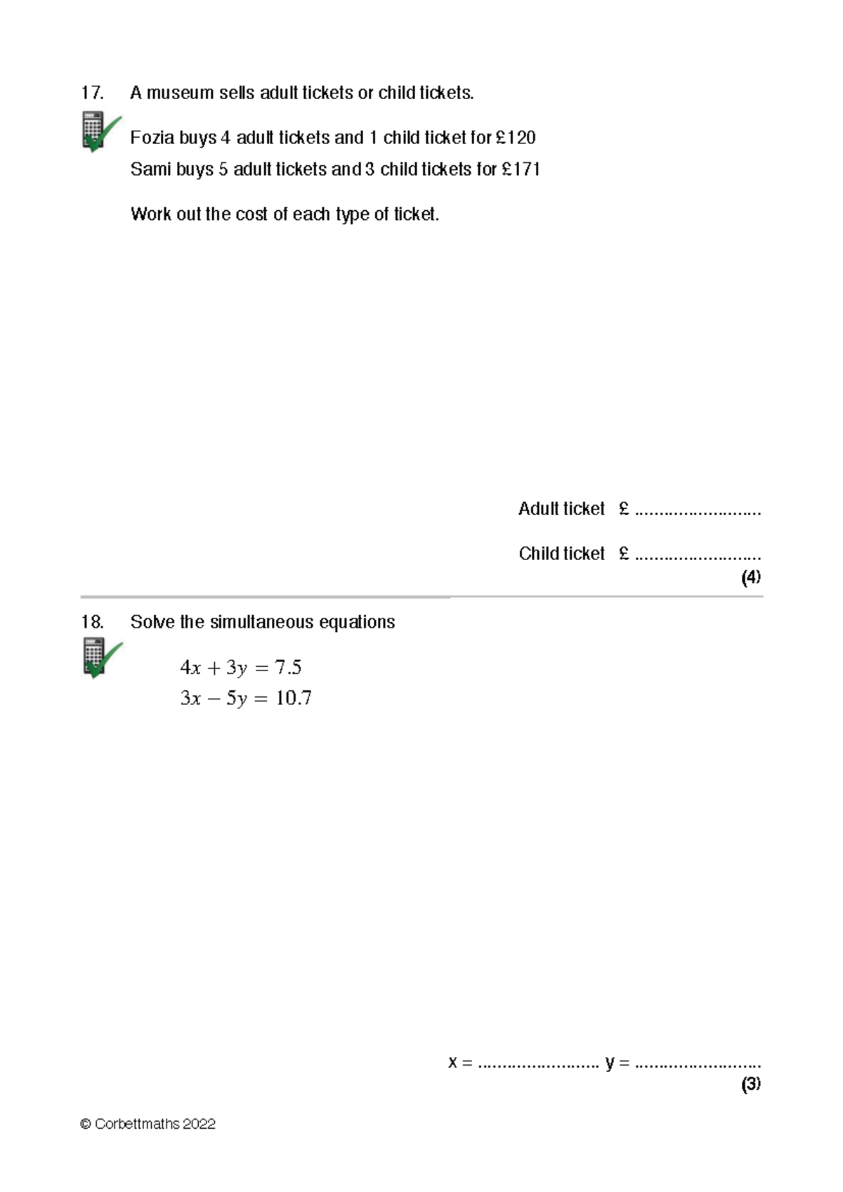 Simultaneous Equations Practice (Math 17) - Studocu