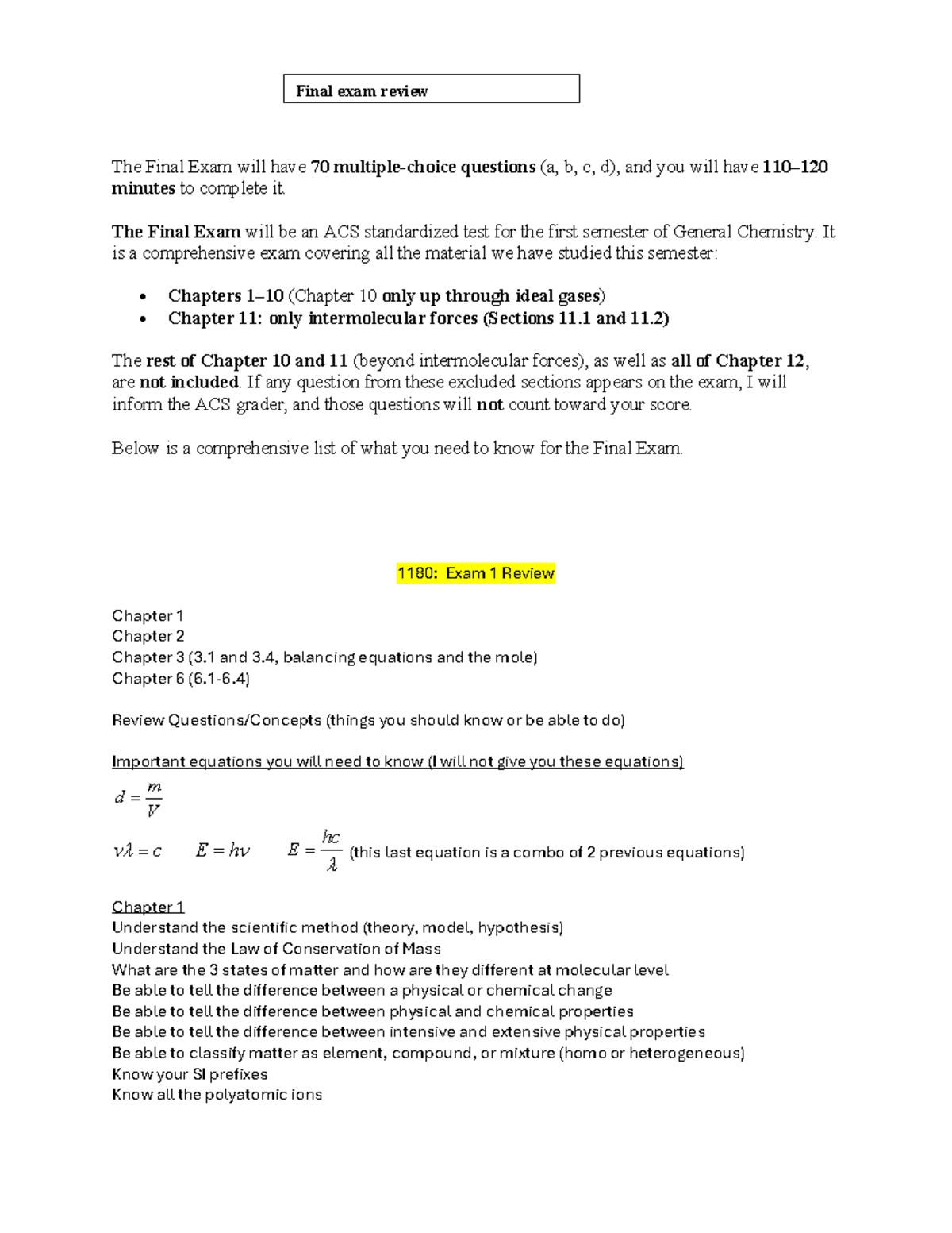 General Chemistry 1180: Final Exam Review - Studocu