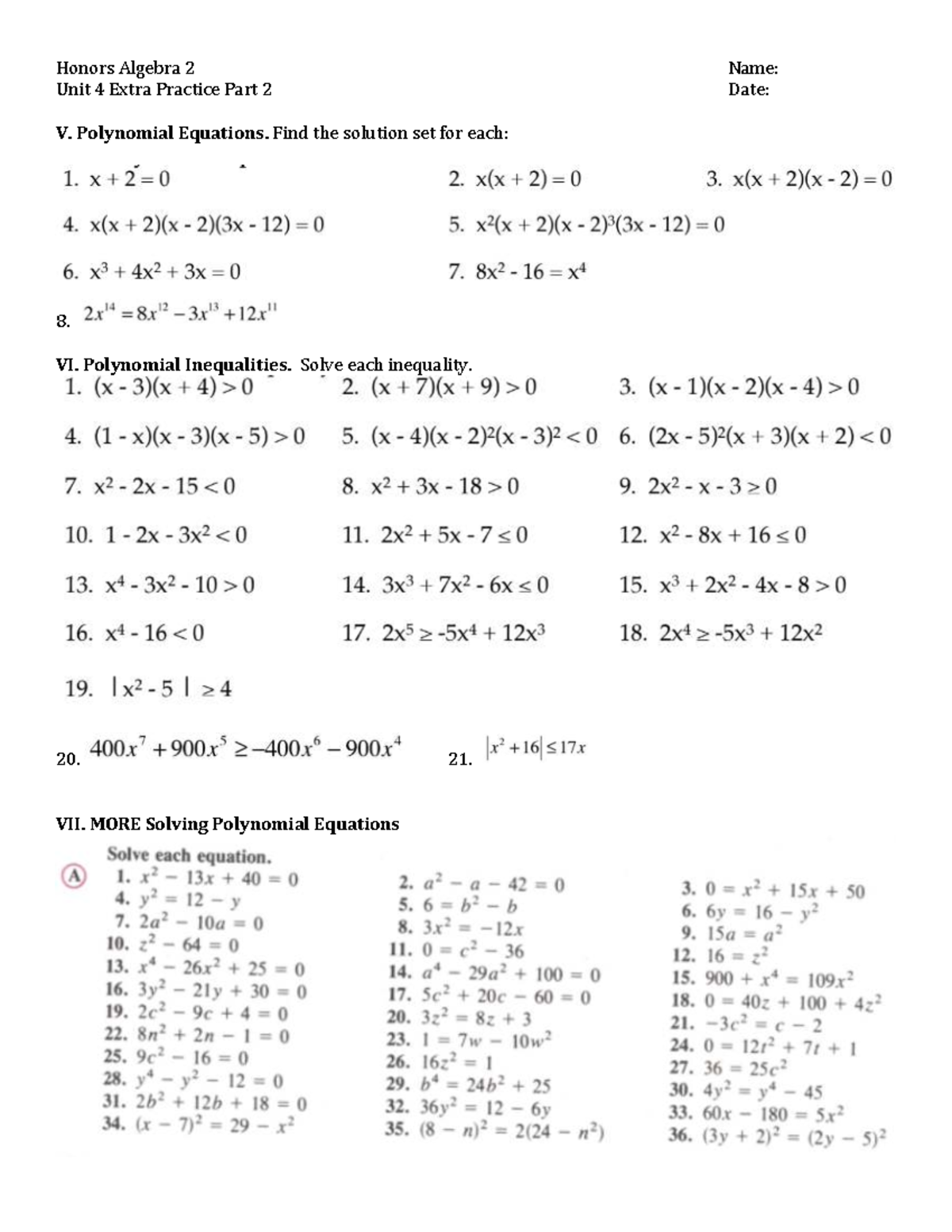 HA2 U4Extra Practice Part 2 - MATH 1A - Honors Algebra 2 Name: Unit 4 ...