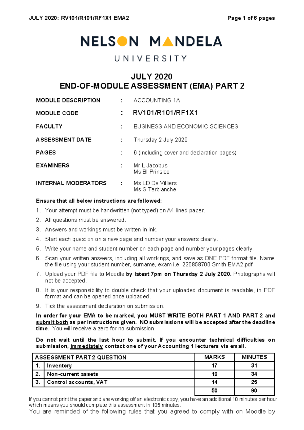 RV101 JULY 2020 EMA2 Assessment Part 2: Accounting 1A - Studocu