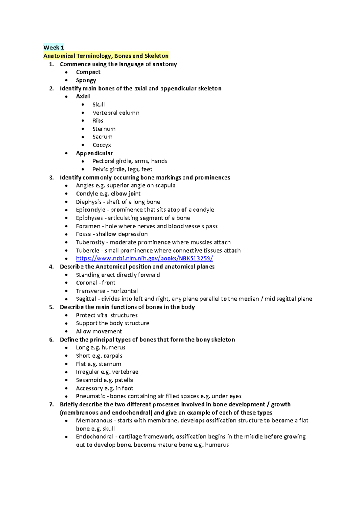 Lecture notes 1-3 - Week 1 Anatomical Terminology, Bones and Skeleton 1 ...