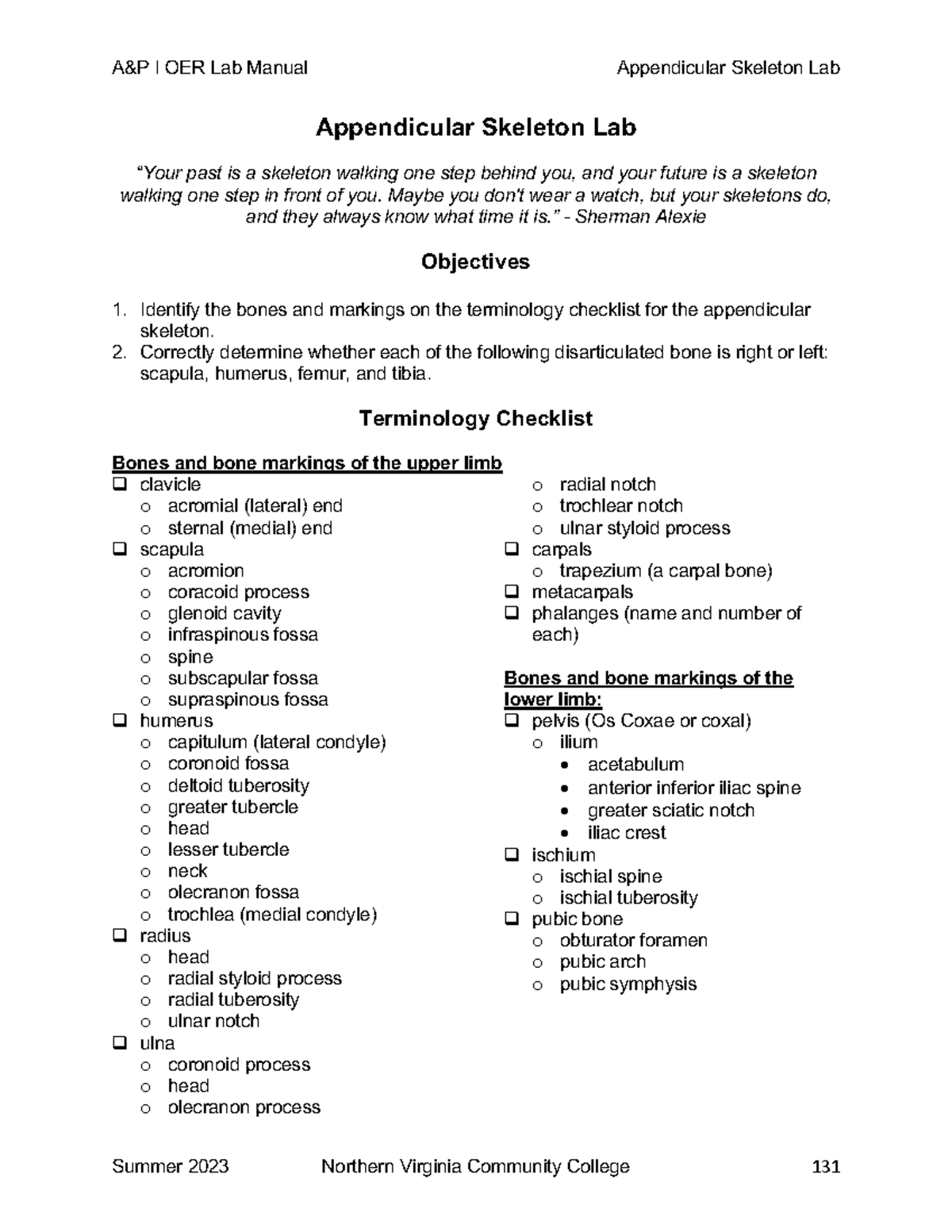 Appendicular Skeleton Lab Summary - Summer 2023 - Studocu