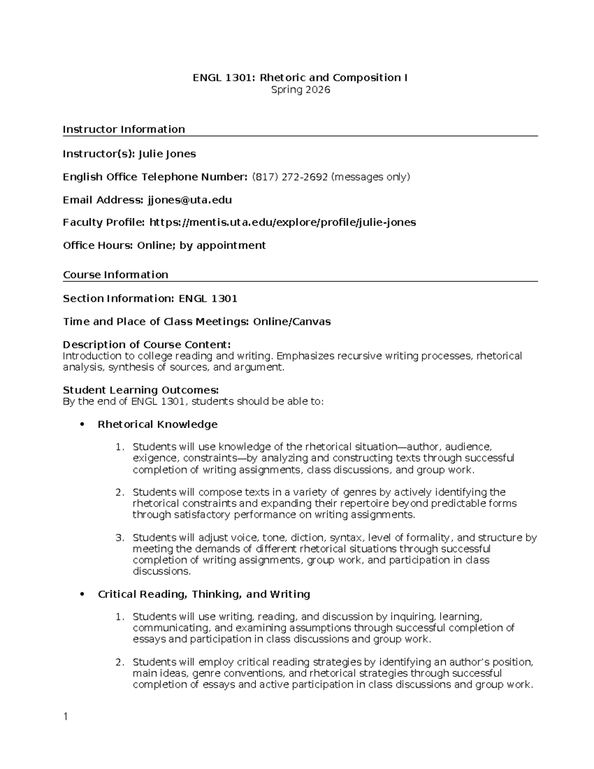 ENGL 1301: Rhetoric and Composition I Syllabus Spring 2026 - Studocu