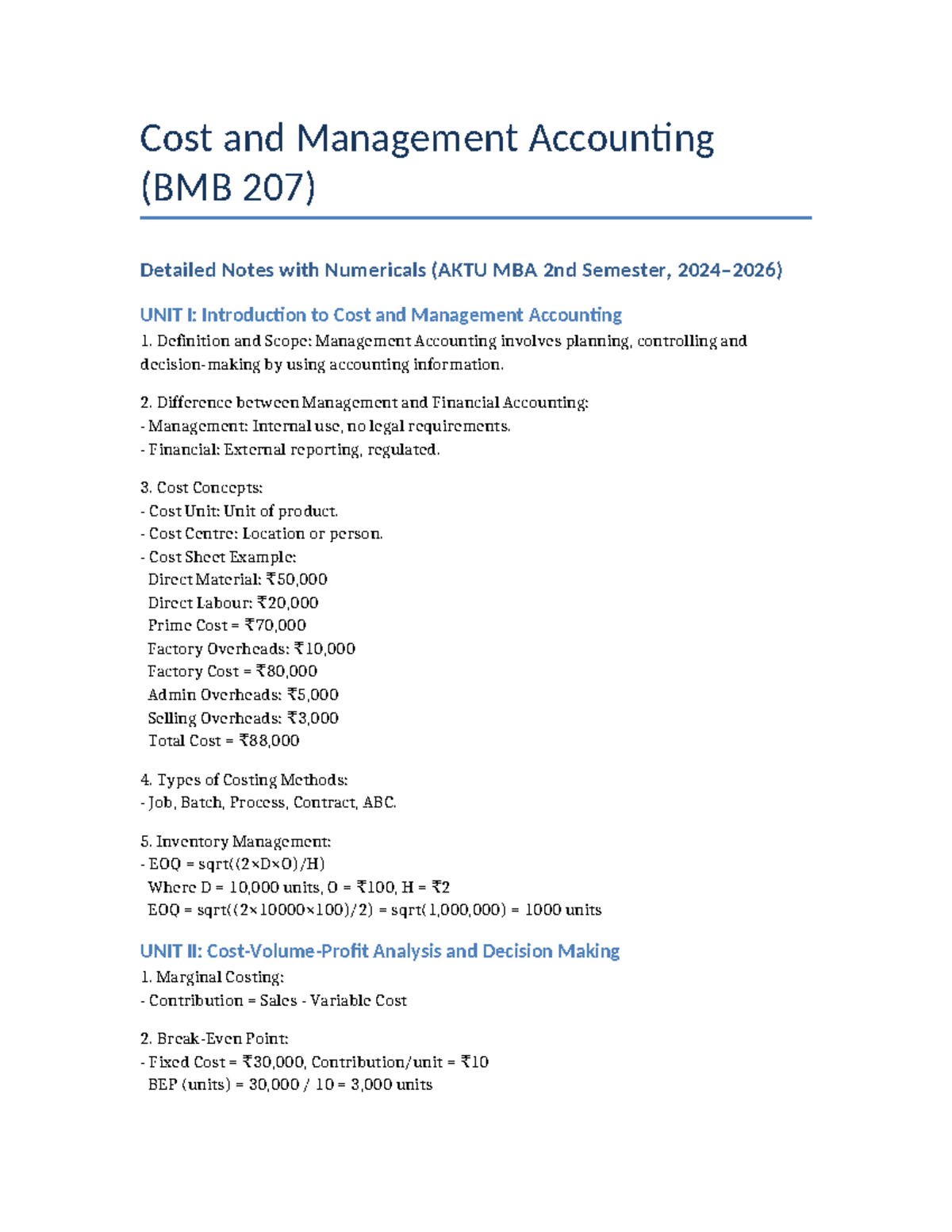 Cost and Management Accounting (BMB 207) Comprehensive Notes with ...
