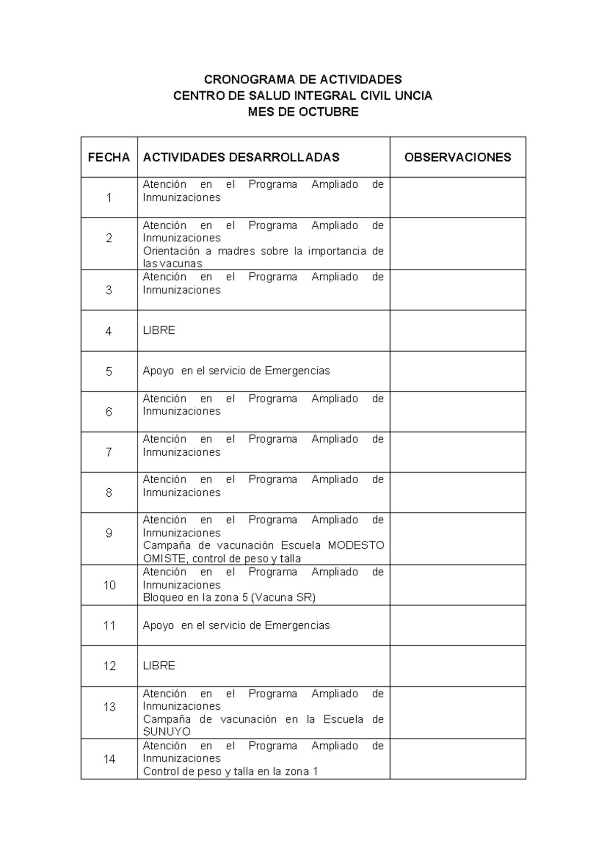 Cronograma de Actividades 2025 - Centro de Salud Integral Civil Uncía ...