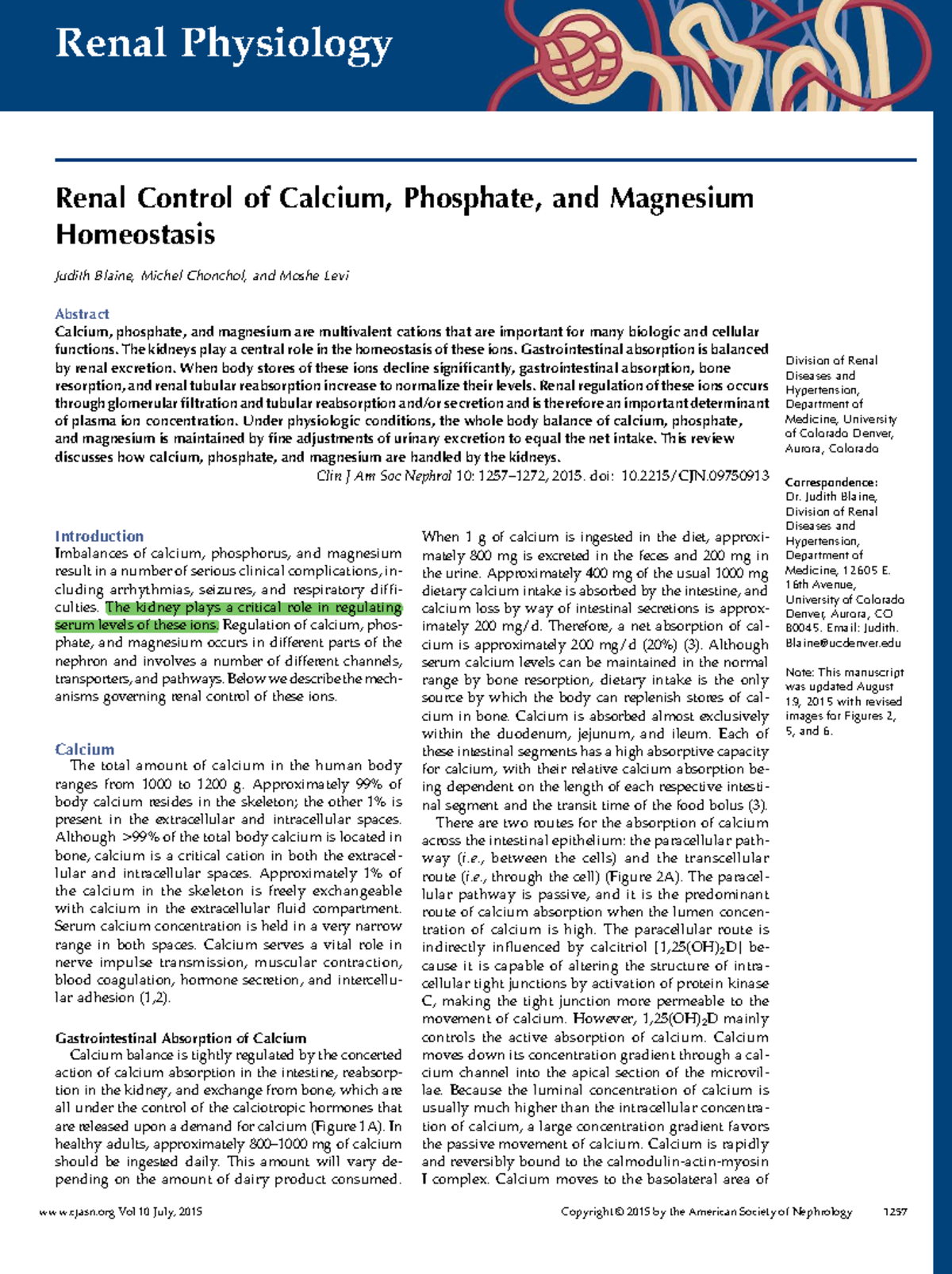 Renal Physiology: Calcium, Phosphate, and Magnesium Homeostasis (Cjasn ...