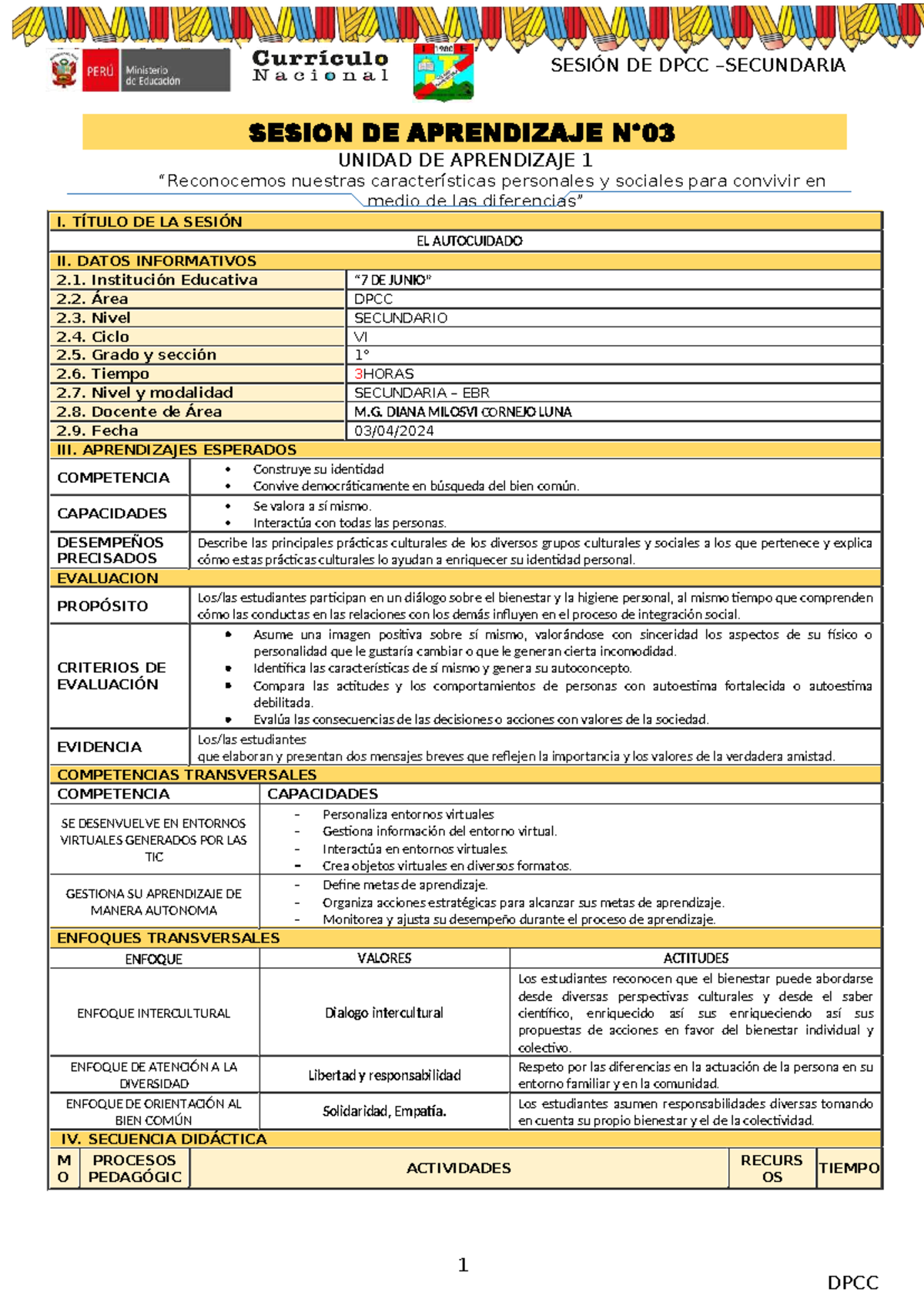 1ª Sesión de Aprendizaje N° 3 - DPCC 2024: Autocuidado y Bienestar ...