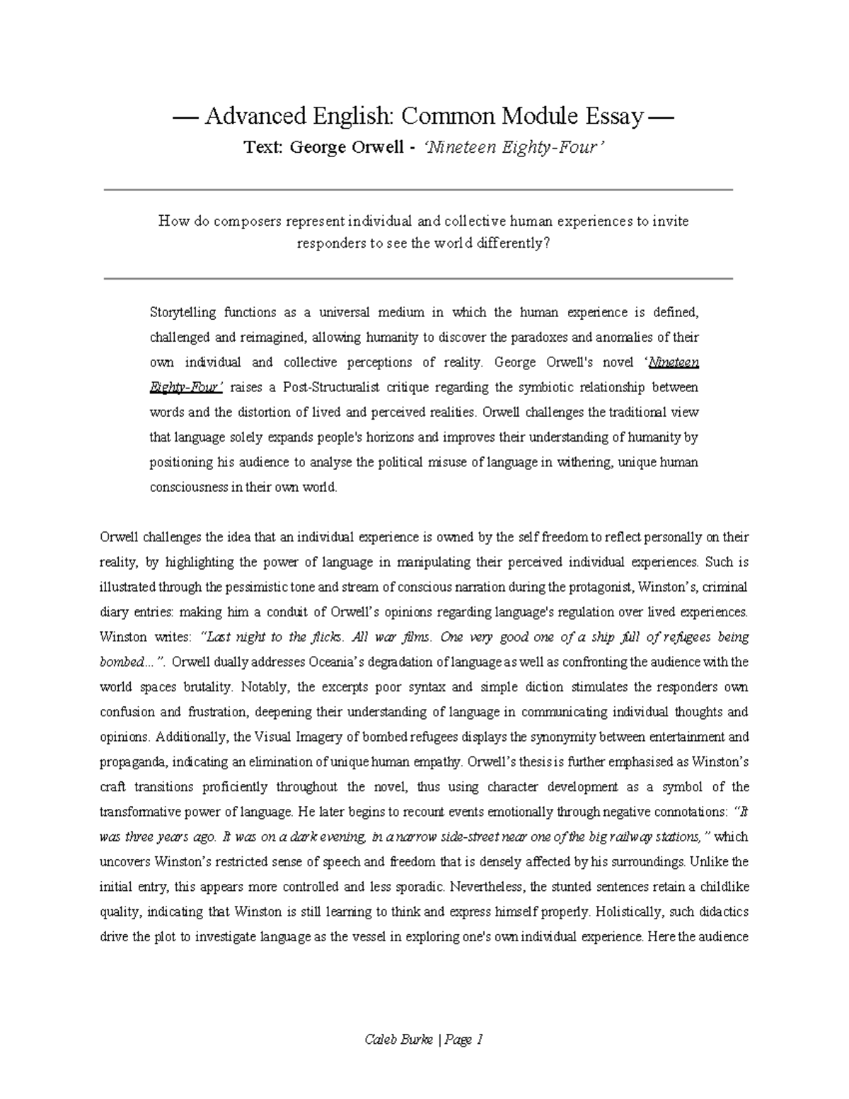 2020 EA - George Orwell's Nineteen Eighty-Four - Essay Analysis - Studocu
