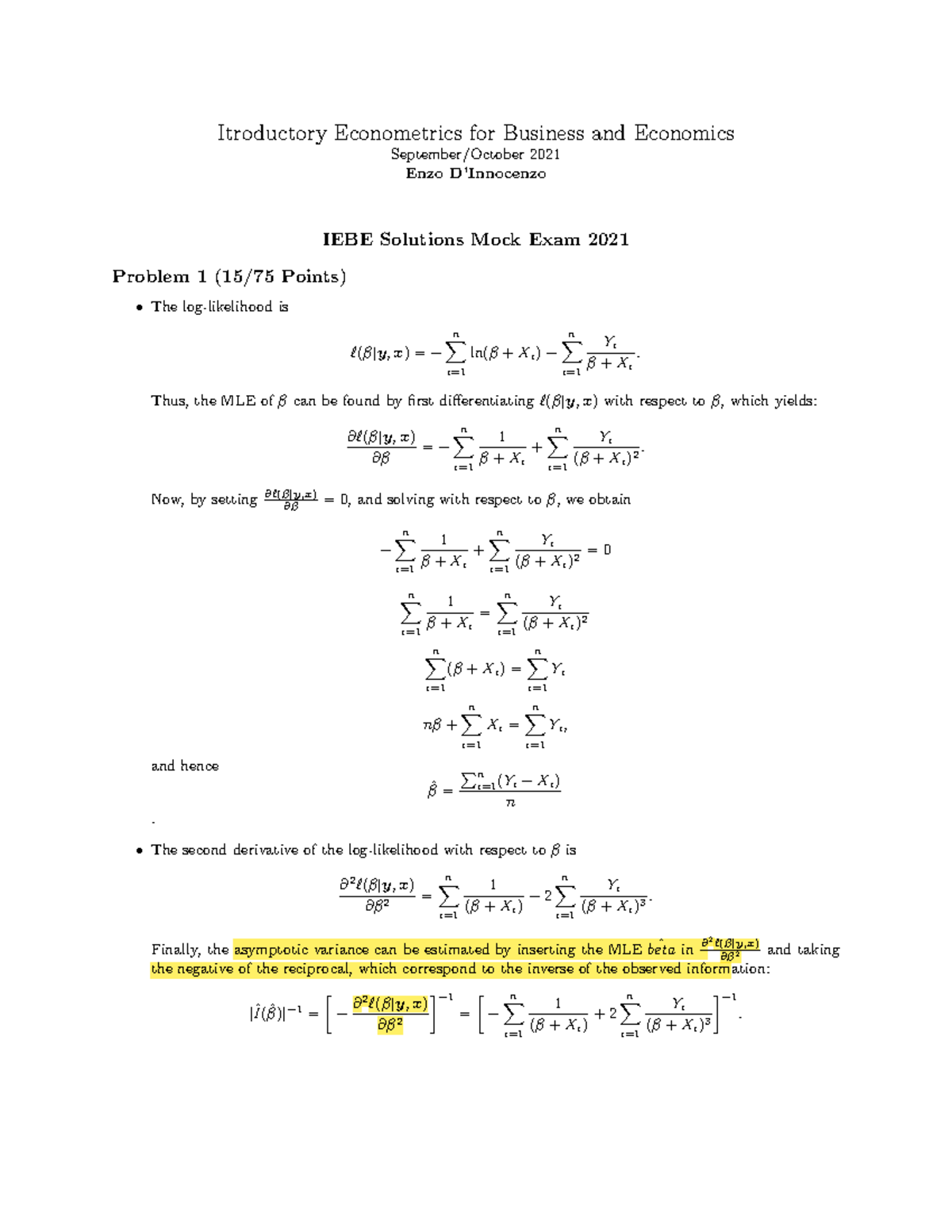 Solutions Mock Exam for Introductory Econometrics - IEBE 2021 - Studeersnel