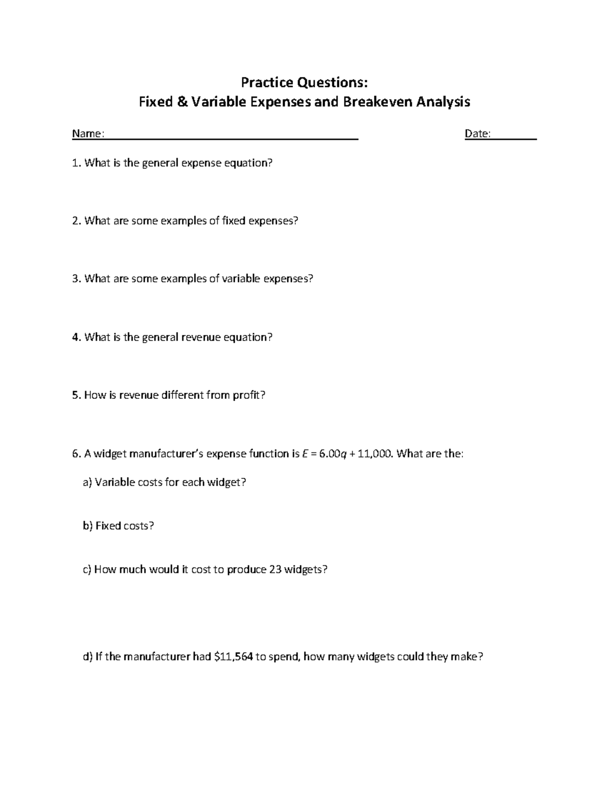 Practice Questions: Fixed & Variable Expenses, Breakeven Analysis - Studocu