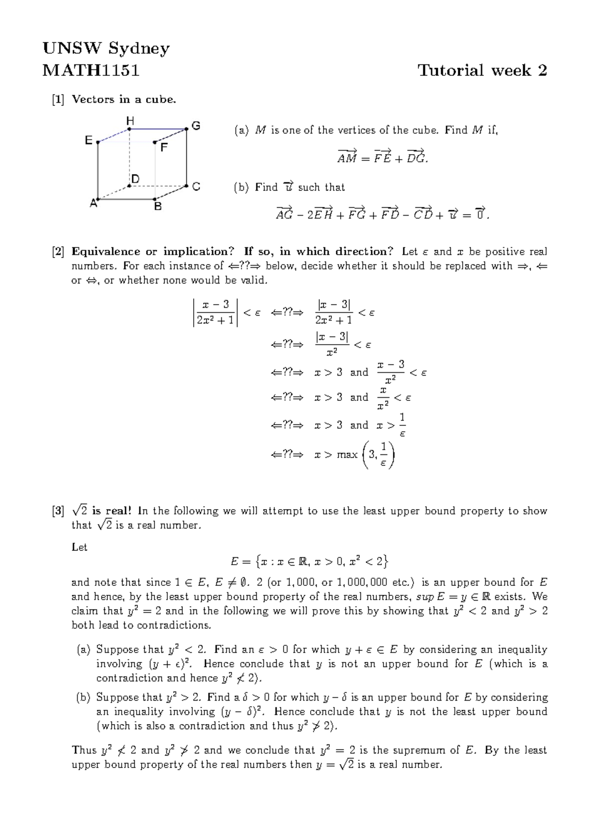 MATH1151 Tutorial 2: Vectors in a Cube and Upper Bound Property - Studocu