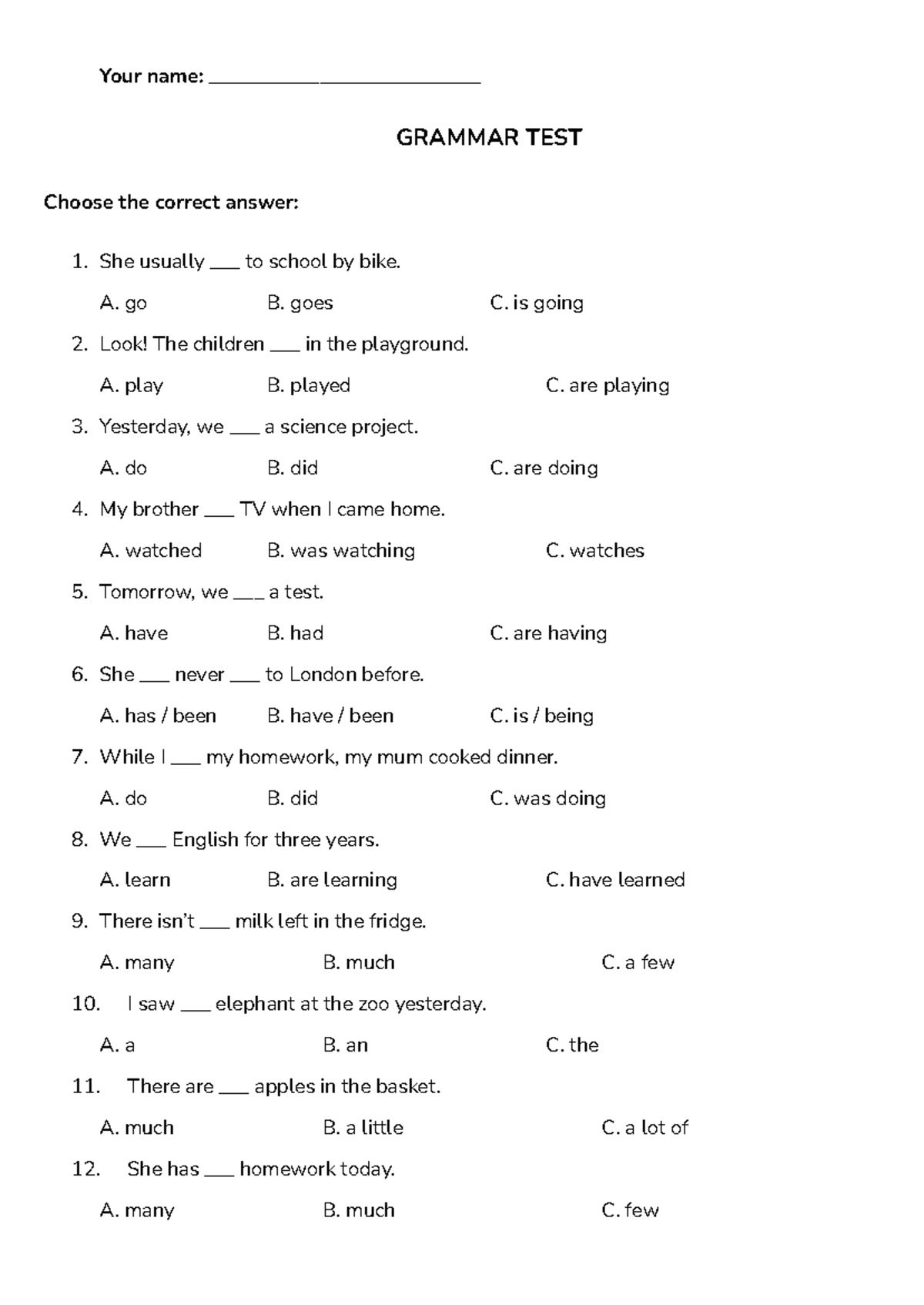 Grammar Test - AAA: Choose the Correct Answers - Studocu