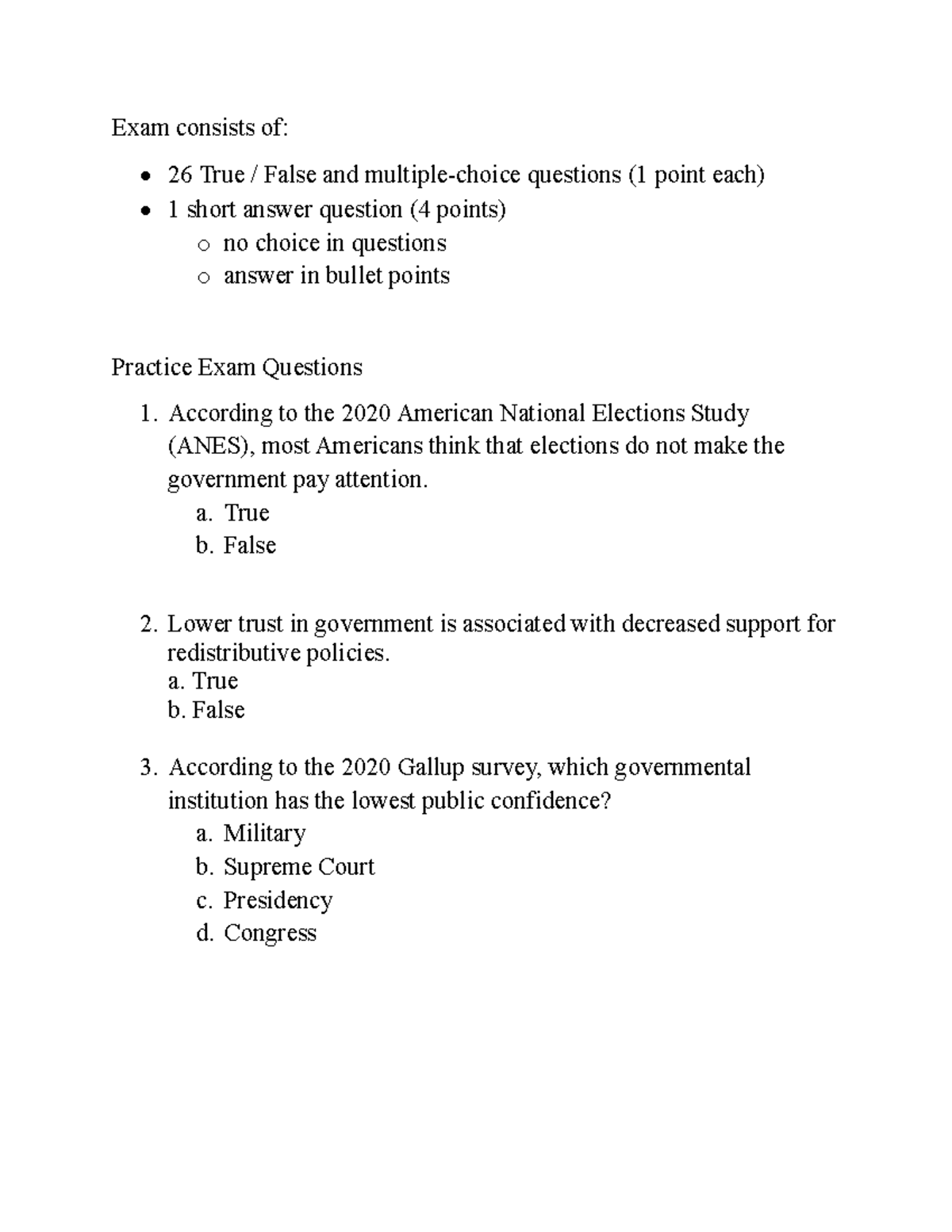 Practice Exam Questions for PLSC 101: American Politics and Democracy ...
