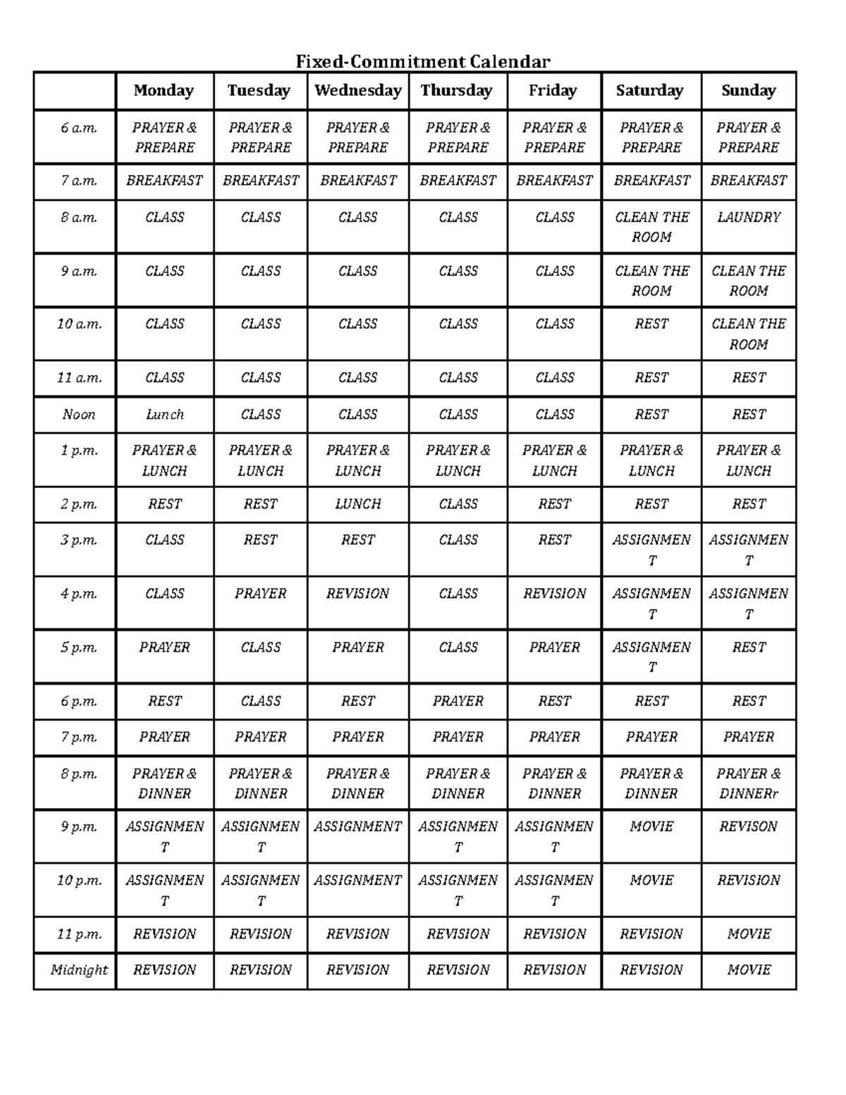 Weekly Fixed-Commitment Calendar for Class Schedule and Prayer - Studocu