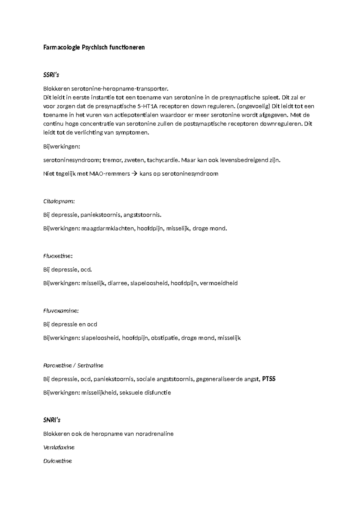 Farmacologie Samenvatting: Psychisch Functioneren en Behandelingen ...