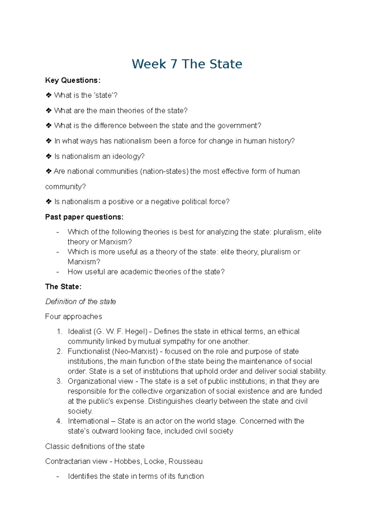 Week 7: The State - Key Theories, Questions, and Historical ...