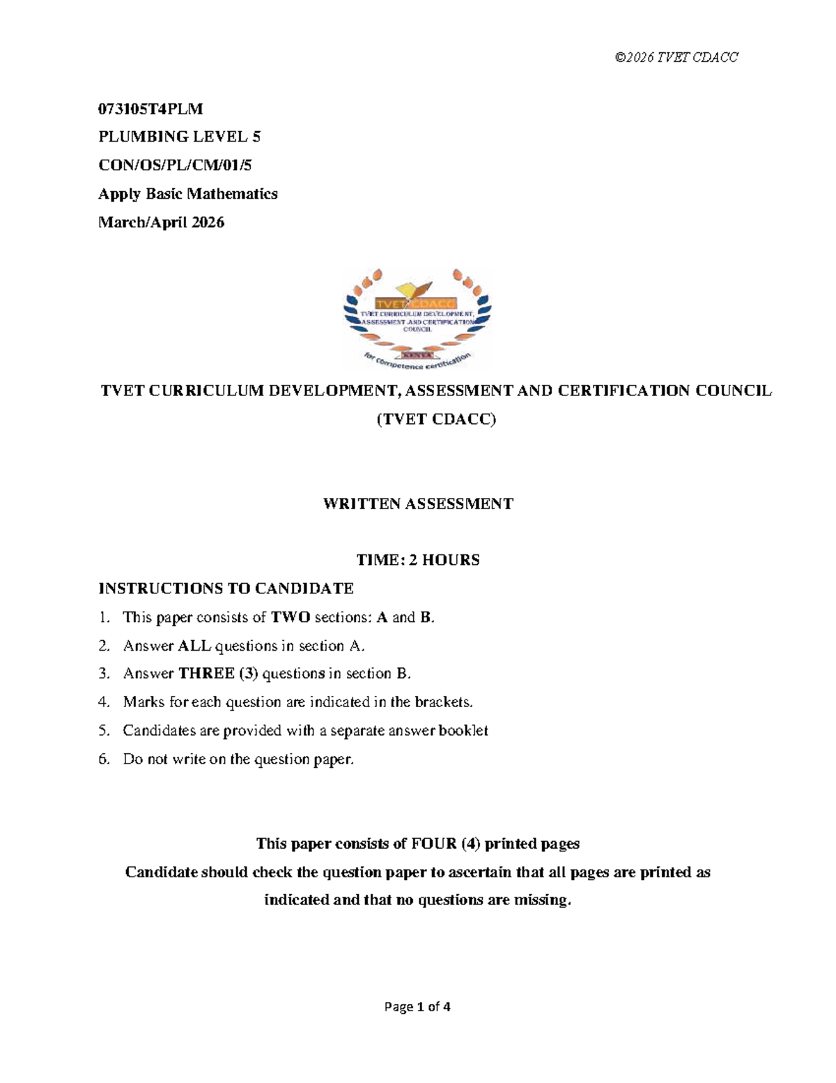 TVET CDACC 073105T4PLM Plumbing Level 5 Basic Math Assessment 2026 ...