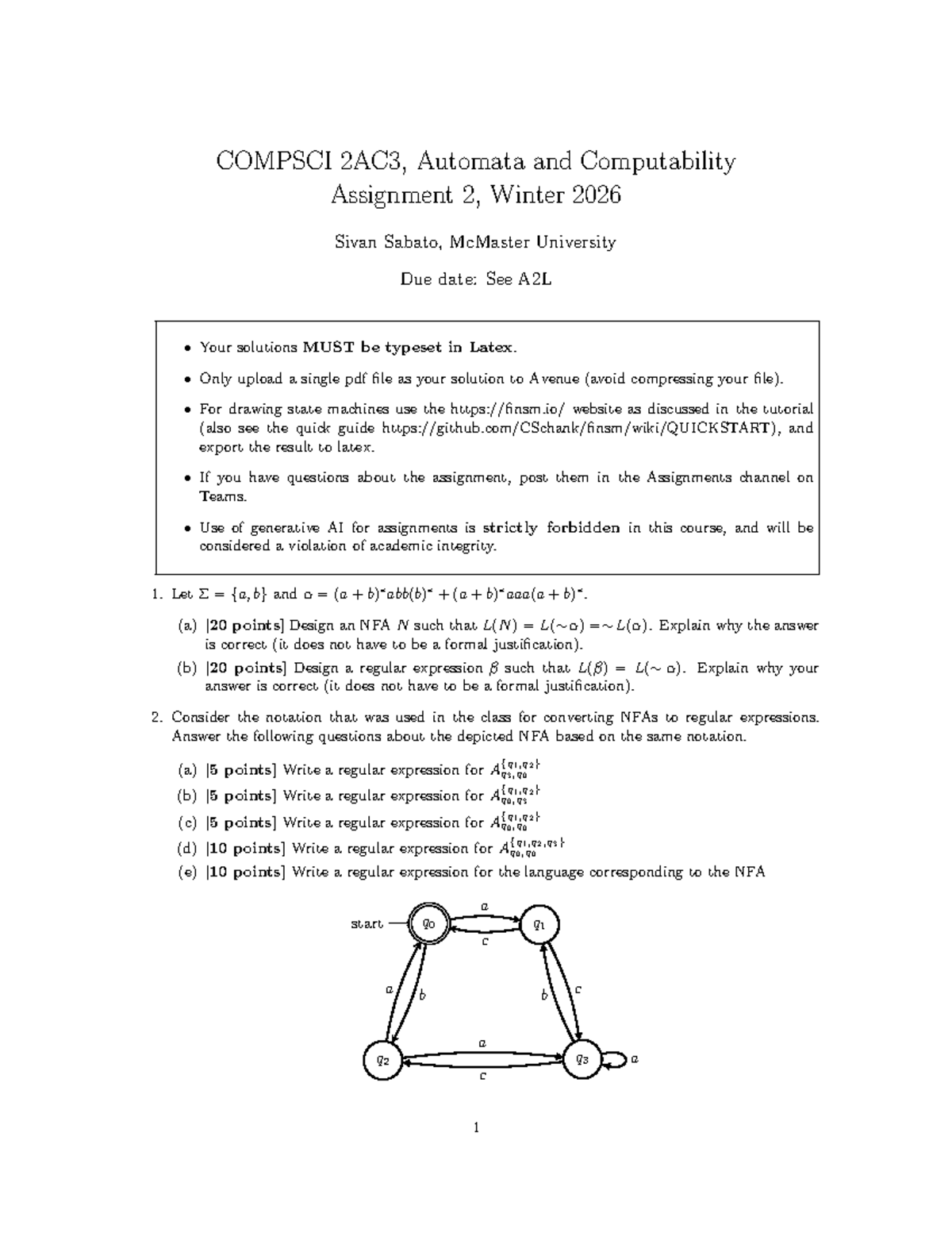 COMPSCI 2AC3, Automata and Computability A2, Winter 2026 - Studocu