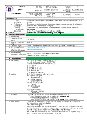 Grade 7 Math Lesson Plan: Sets and Real Number System - Studocu