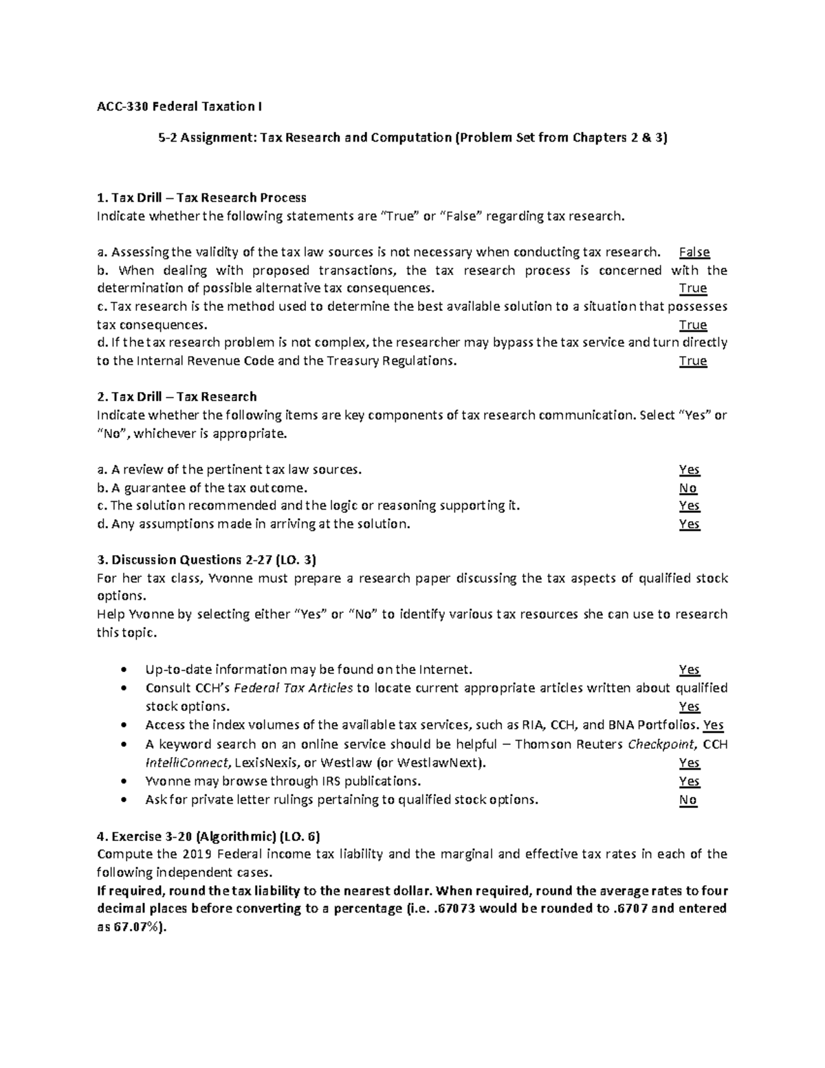 ACC-330 Final Exam - Tax Research & Computation Problems and Solutions ...