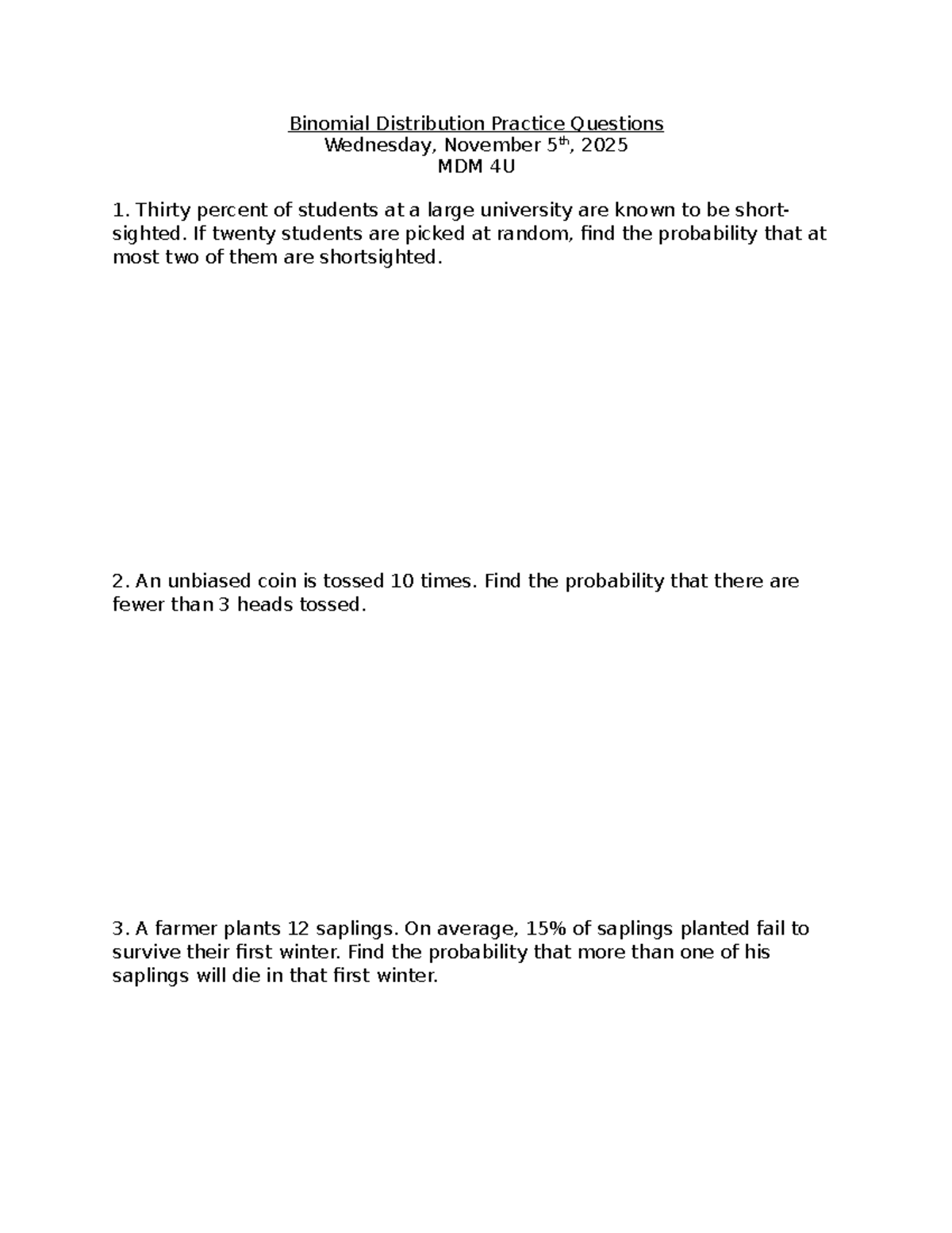 MDM 4U Binomial Distribution Practice Questions - 2025 - Studocu