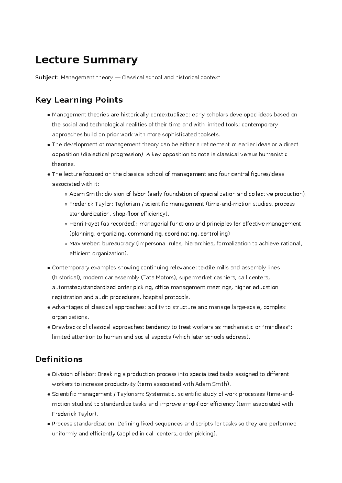 Lecture Summary: Management Theory - Classical School - Studocu