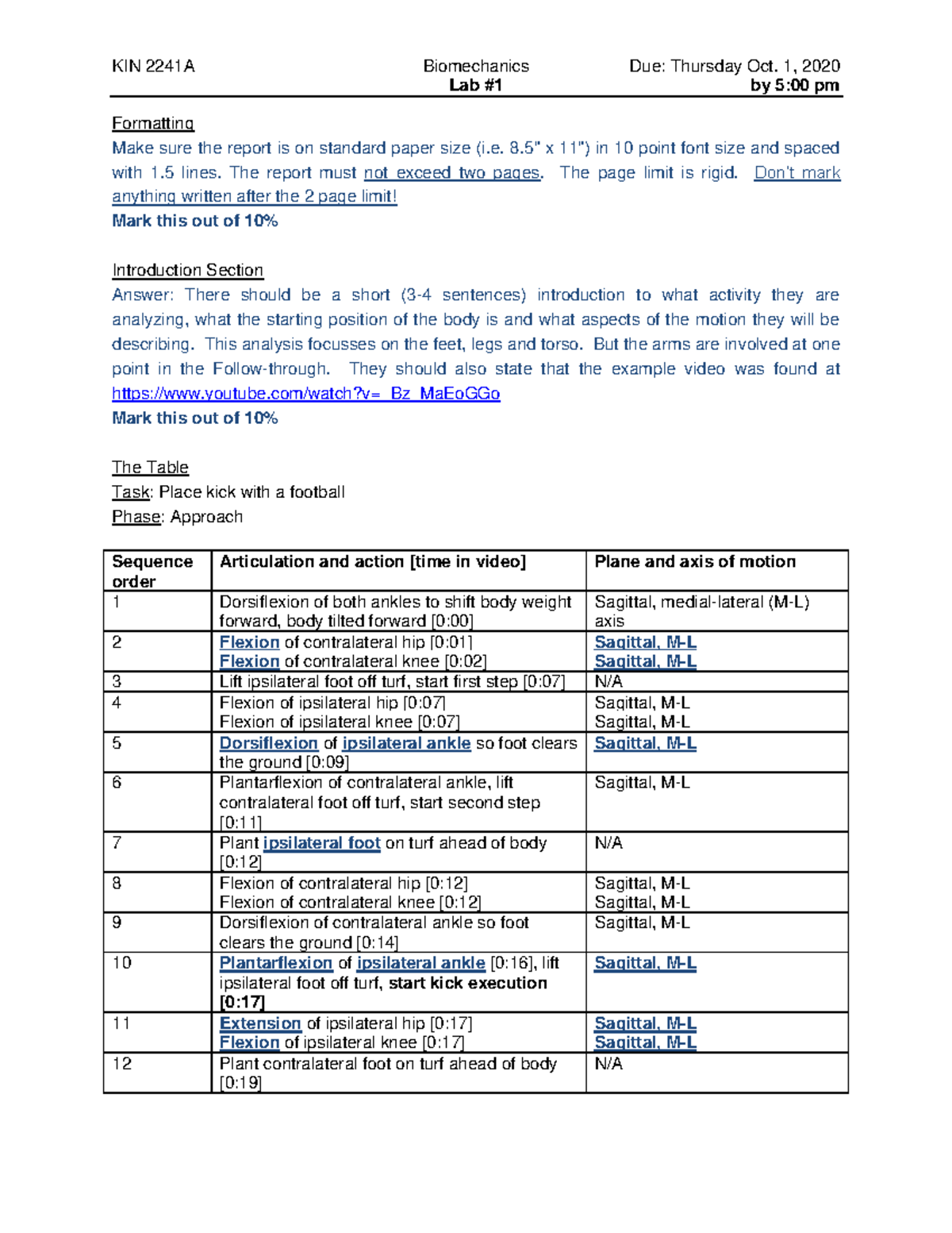 KIN 2241A Lab 1 Solutions: Biomechanical Analysis of Kick Execution ...