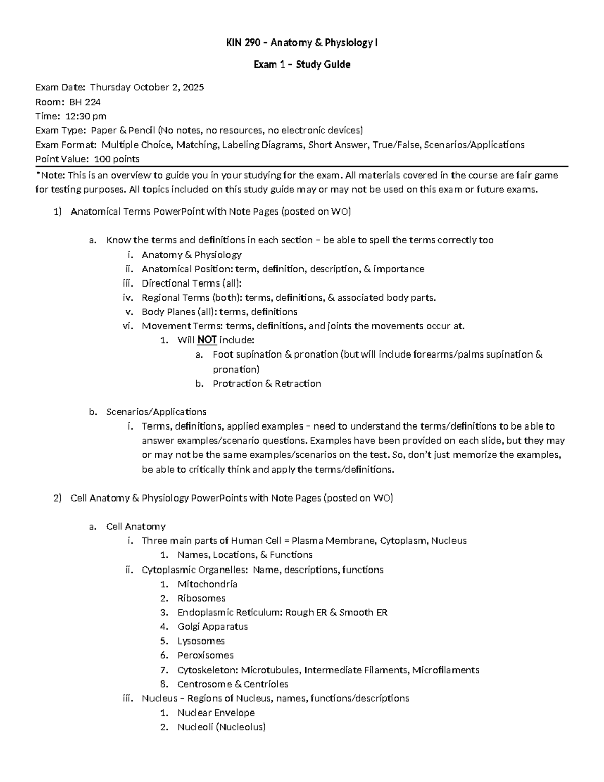 KIN 290 Anatomy & Physiology I Exam 1 Study Guide (Oct 2, 2025) - Studocu