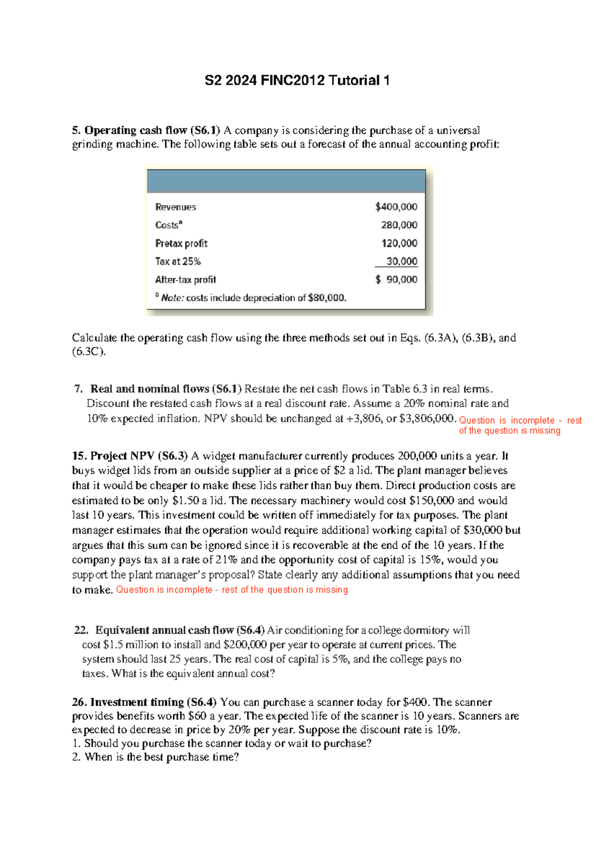 FINC2012 S2 2024 Tutorial 1 Solutions and Cash Flow Analysis - Studocu