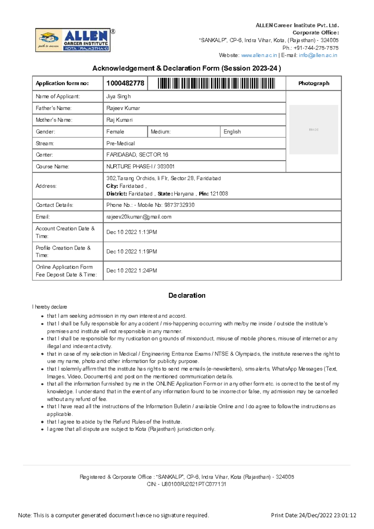 Declaration Form for Admission 1000482778 - NURTURE PHASE-I 2023-24 ...