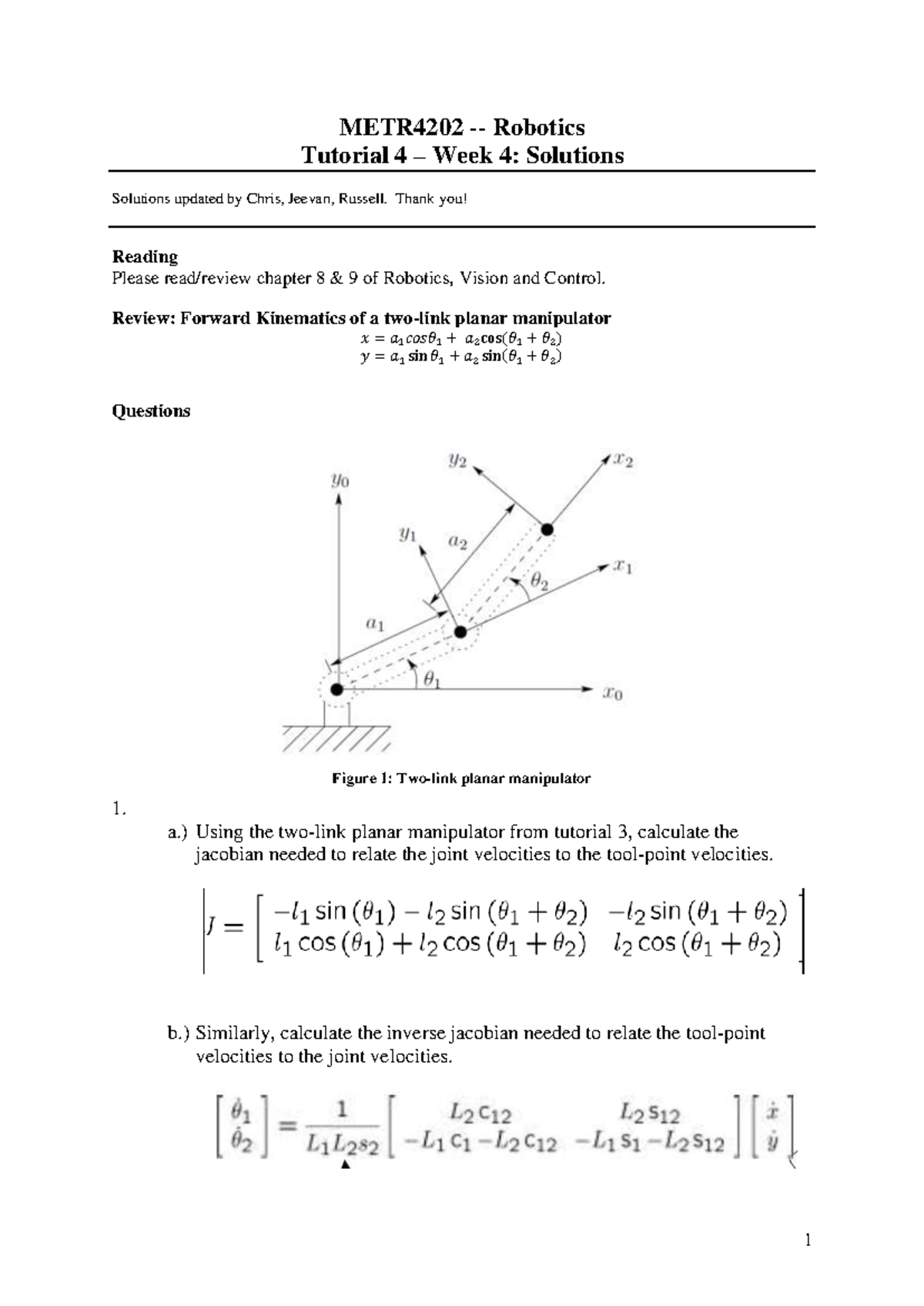 METR4202 - Robotics Tutorial 4 Week 4: Detailed Solutions - Studocu