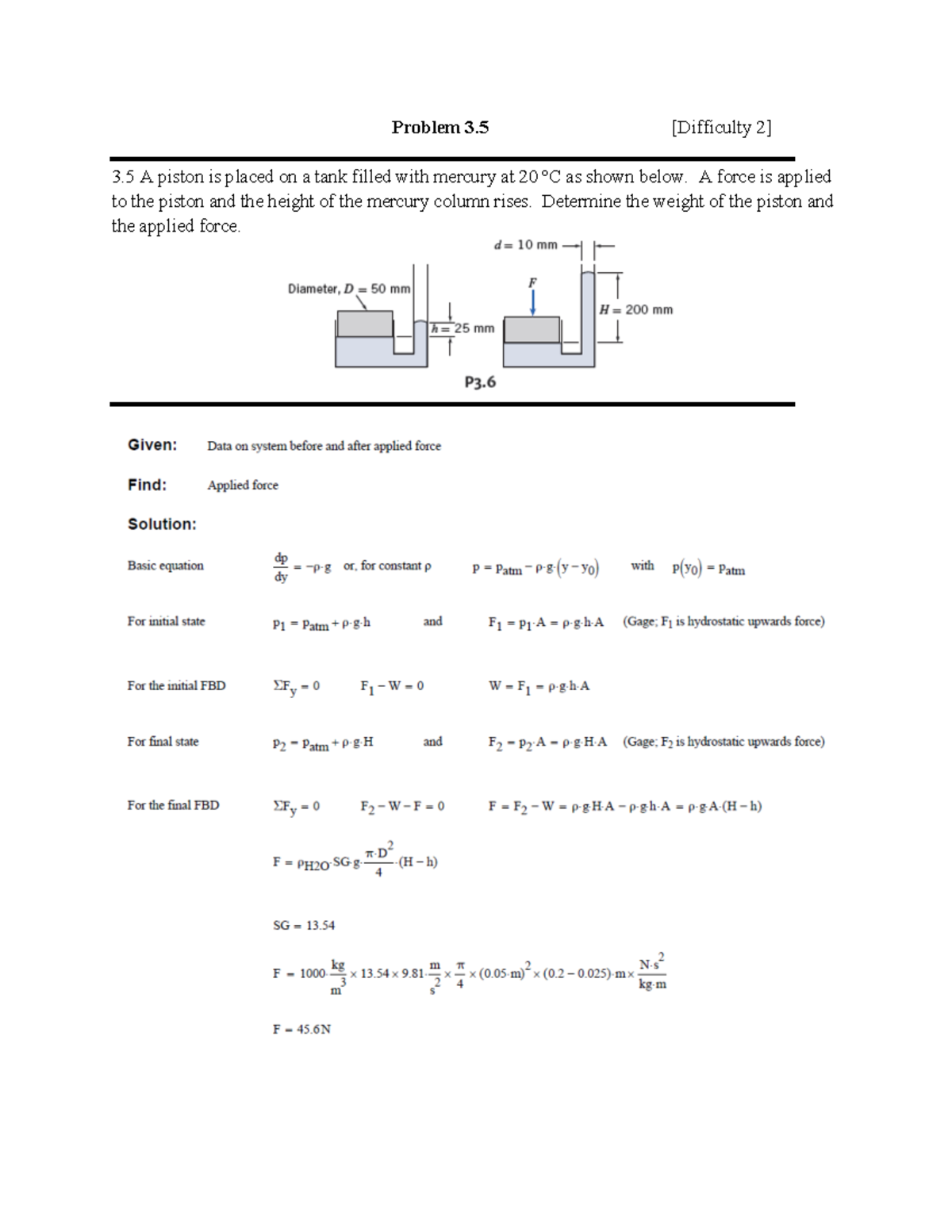 Fluid Mechanics Solutions: HW 3 - Piston & Manometer Calculations - Studocu